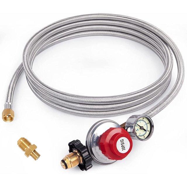 Gaspro 12ft 0-30 PSI Adjustable Propane Regulator with Gauge Stainless High Pressure Propane Hose with Regulator and  3/8" Female Connector