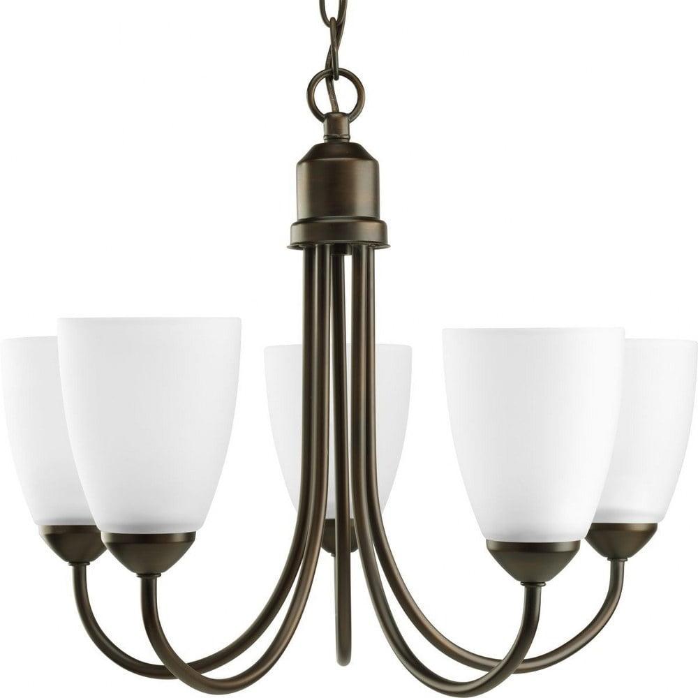 Progress Lighting Gather 5-Light Chandelier, Antique Bronze, White Etched Glass Shades