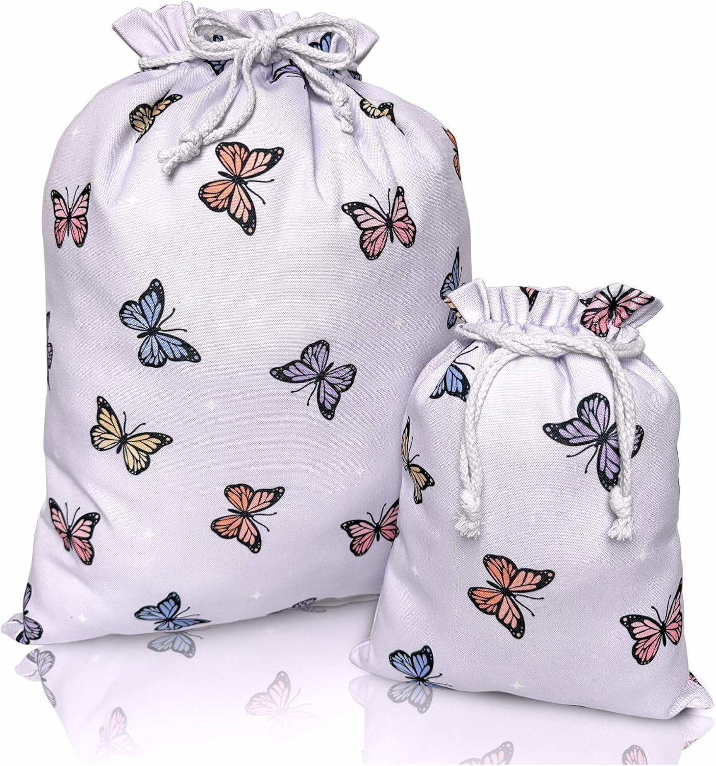 Gather & Knot Drawstring Gift Bags | 20" Large 12" Small | Premium Canvas | Reusable Fabric Wrap for Baby Shower or Girl Birthday | Butterfly
