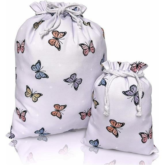 Gather & Knot Drawstring Gift Bags | 20" Large 12" Small | Premium Canvas | Reusable Fabric Wrap for Baby Shower or Girl Birthday | Butterfly