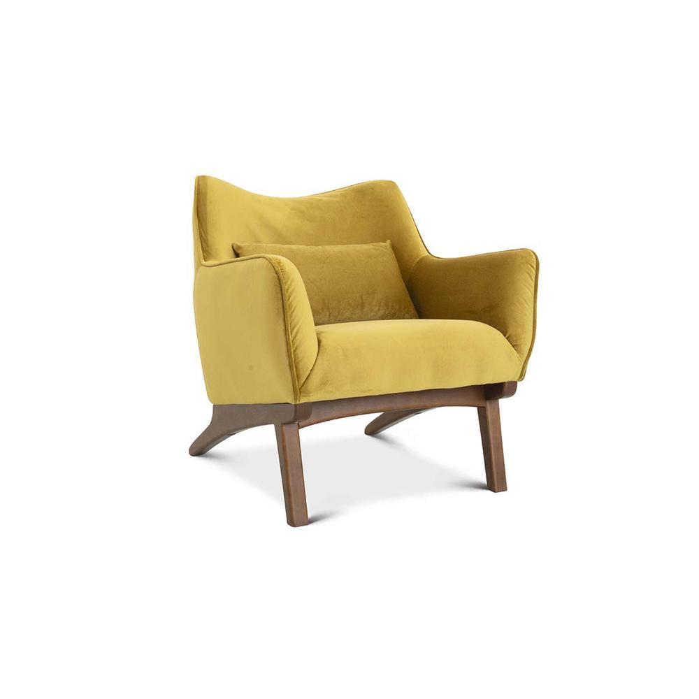 Yellow Velvet Mid-Century Modern Accent Chair with Wood Legs