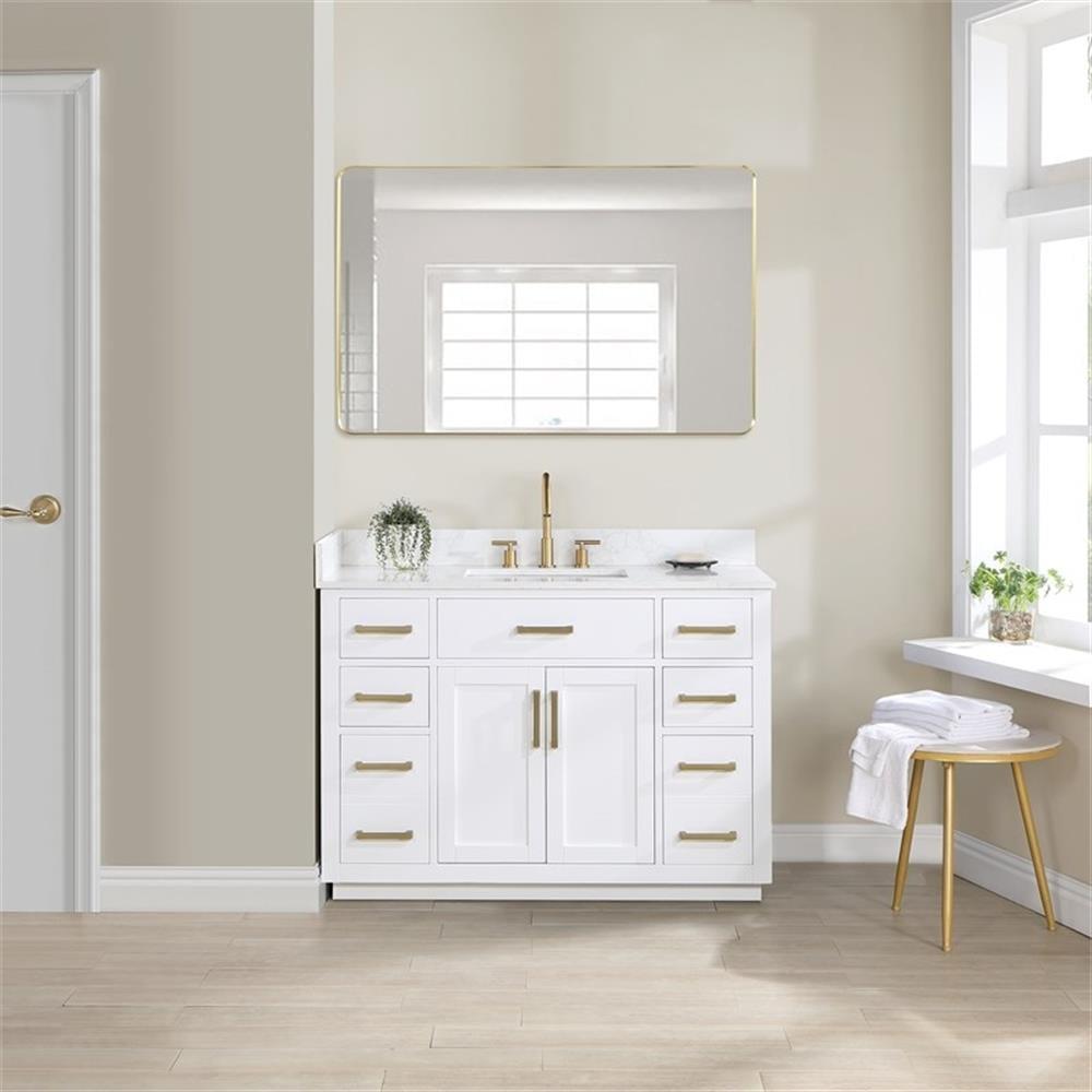 Gavino 48" Wood Vanity in White with Grain White Composite Stone Top and Mirror