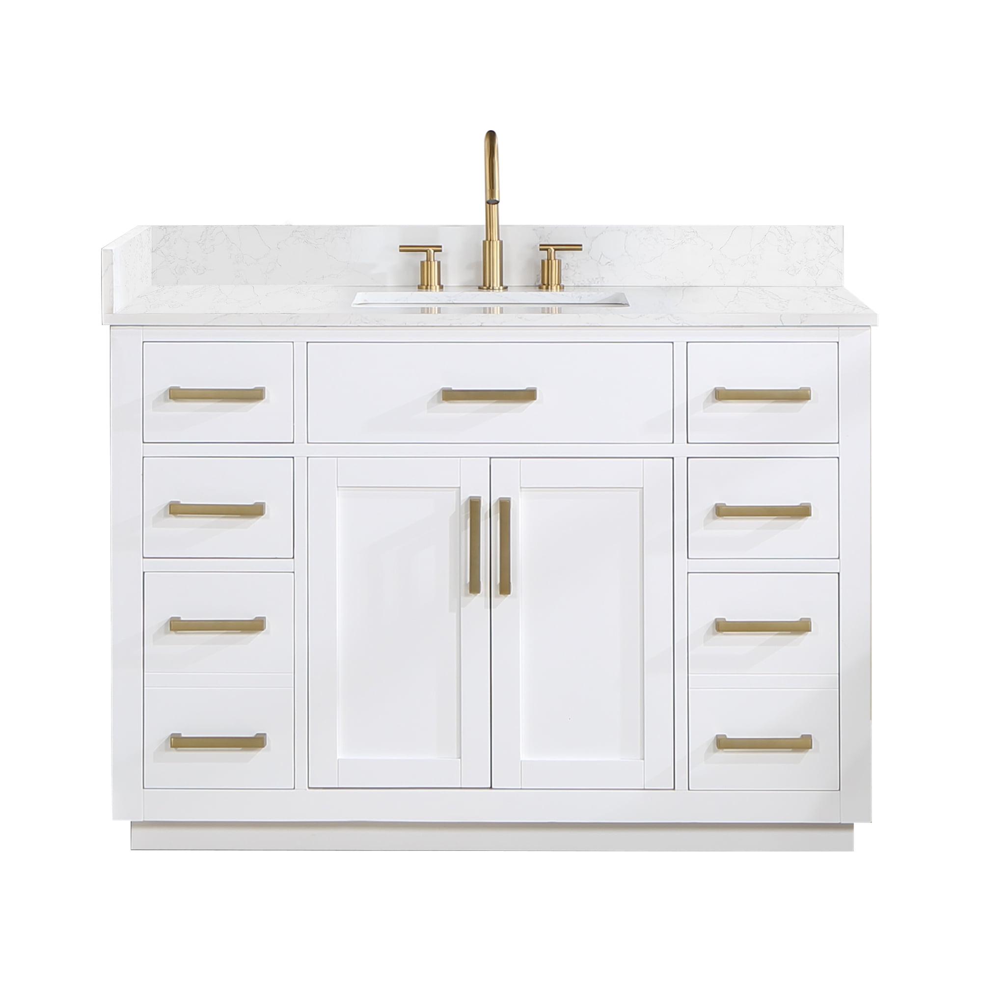 Elegant Gavino 48" White Vanity with Grain White Engineered Stone Top and Gold Accents