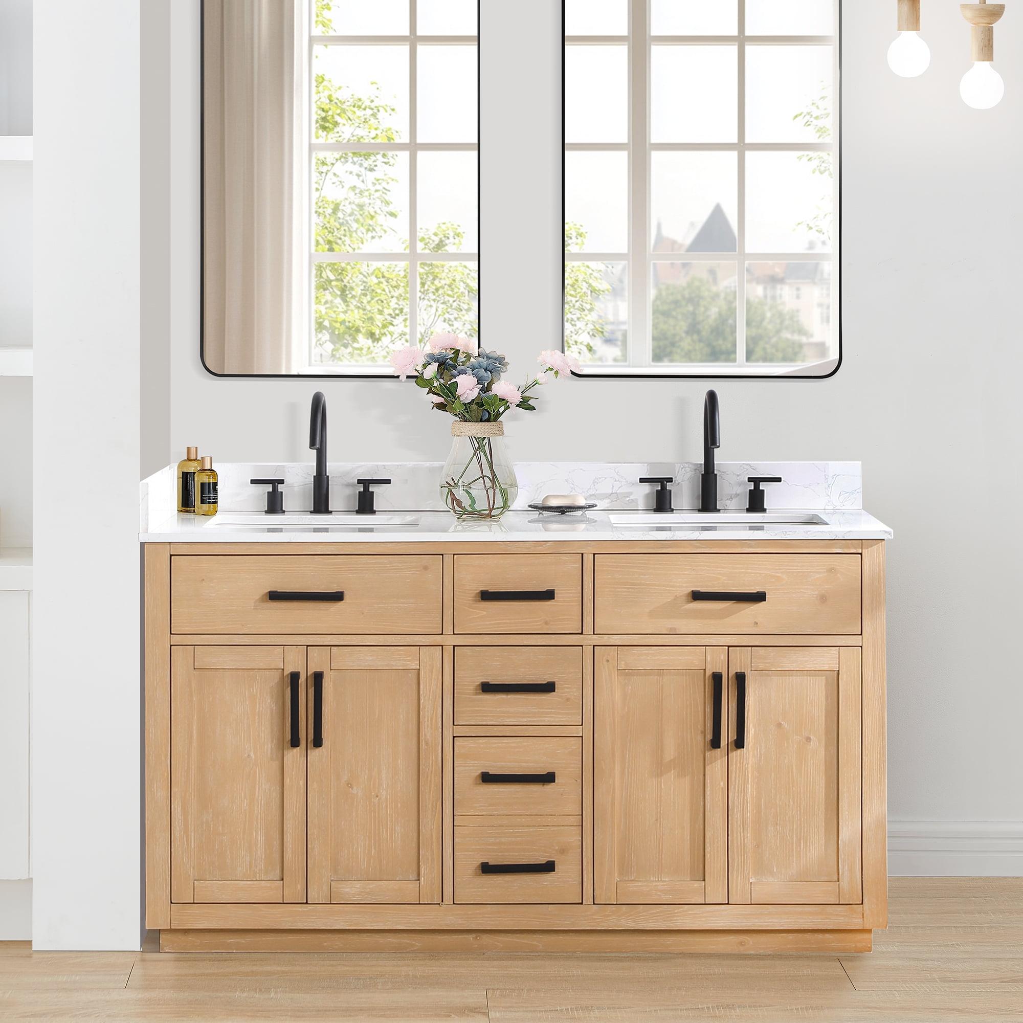 Gavino 60" Light Brown Wood Double Vanity with Composite Stone Top