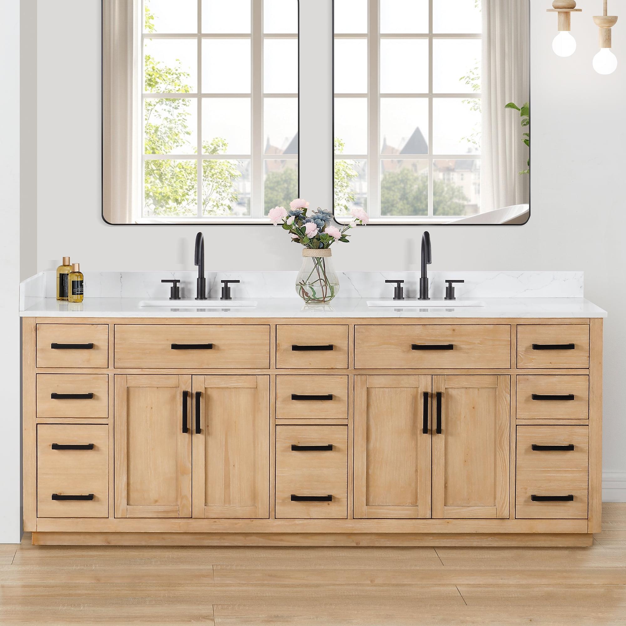 Gavino 84" Wood Vanity in Light Brown with Composite Stone Top no Mirror