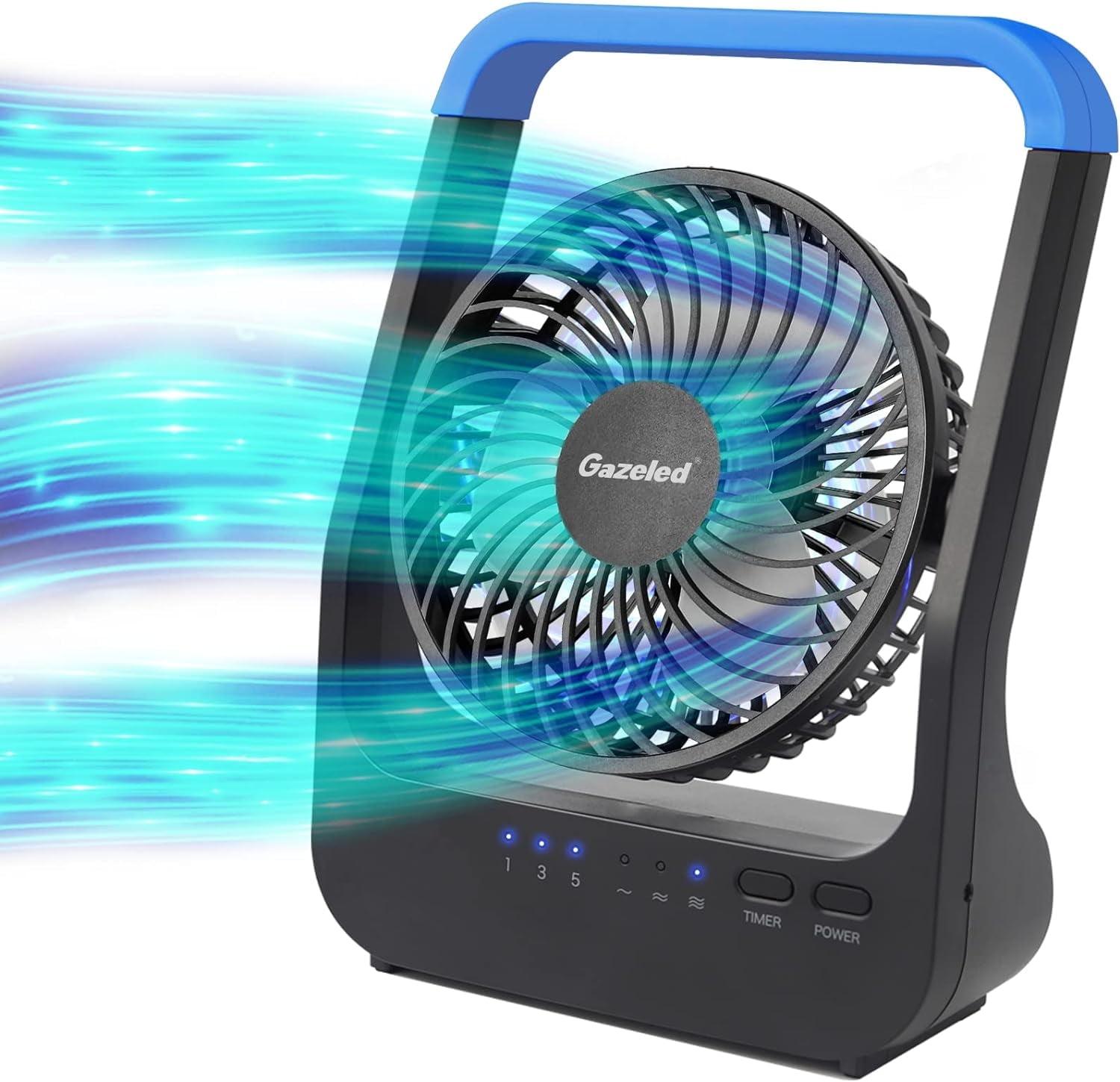 Gazeled Battery Operated Fan,Camping Fan, Super Long Lasting, Portable D-Cell Battery Powered Desk Fan with Timer,3 Speeds, Quiet, 180° Rotation,Cooling Fan for Bedroom,Home,Office,Outdoor, 5'',Blue