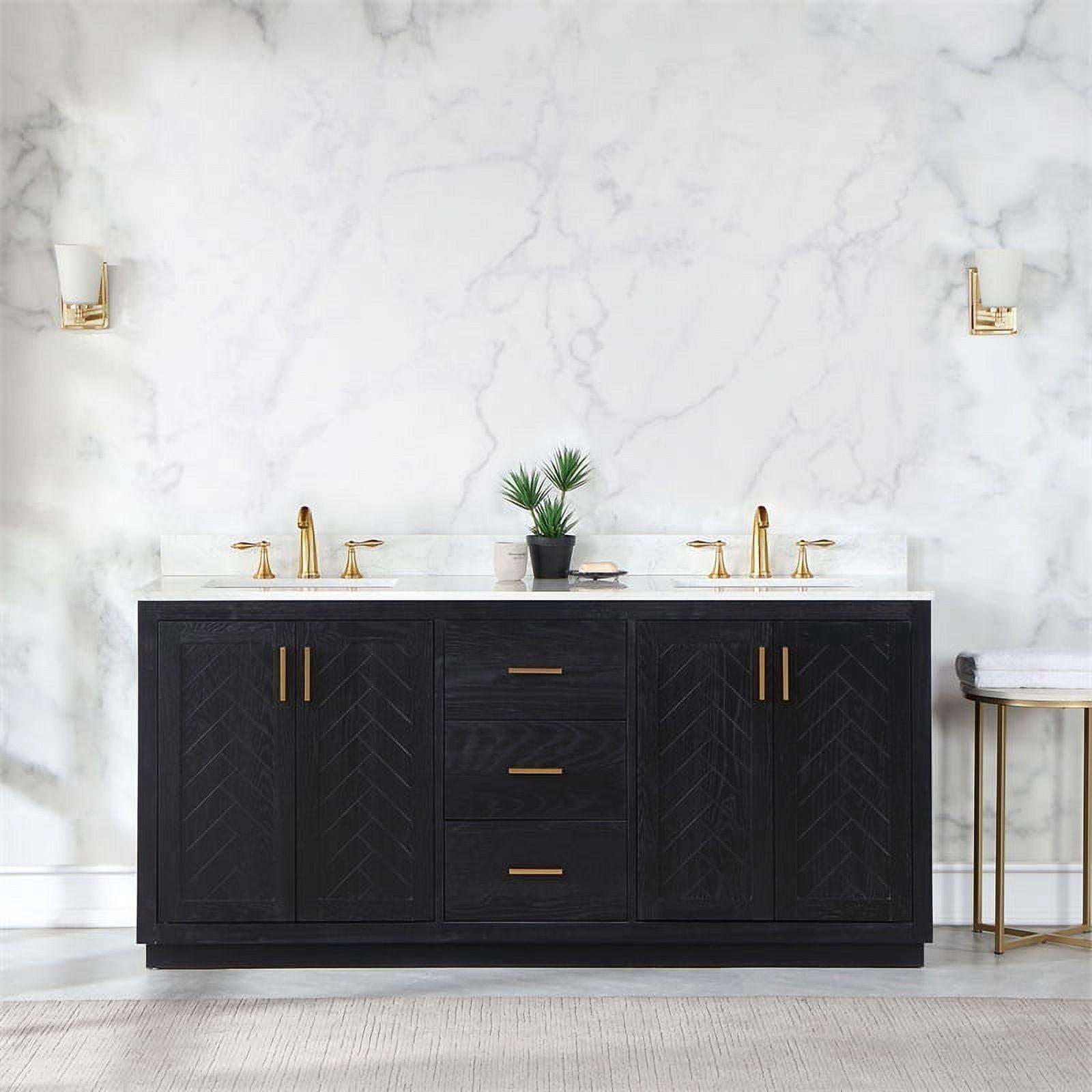 Gazsi 72" Double Bathroom Vanity Set in Black Oak with Grain White Composite Stone Countertop Without Mirror