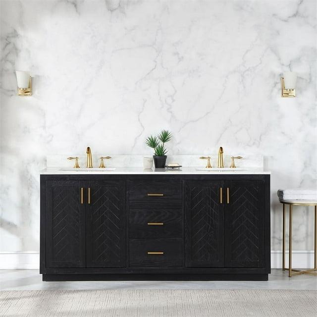 Gazsi 72" Double Bathroom Vanity Set in Black Oak with Grain White Composite Stone Countertop Without Mirror
