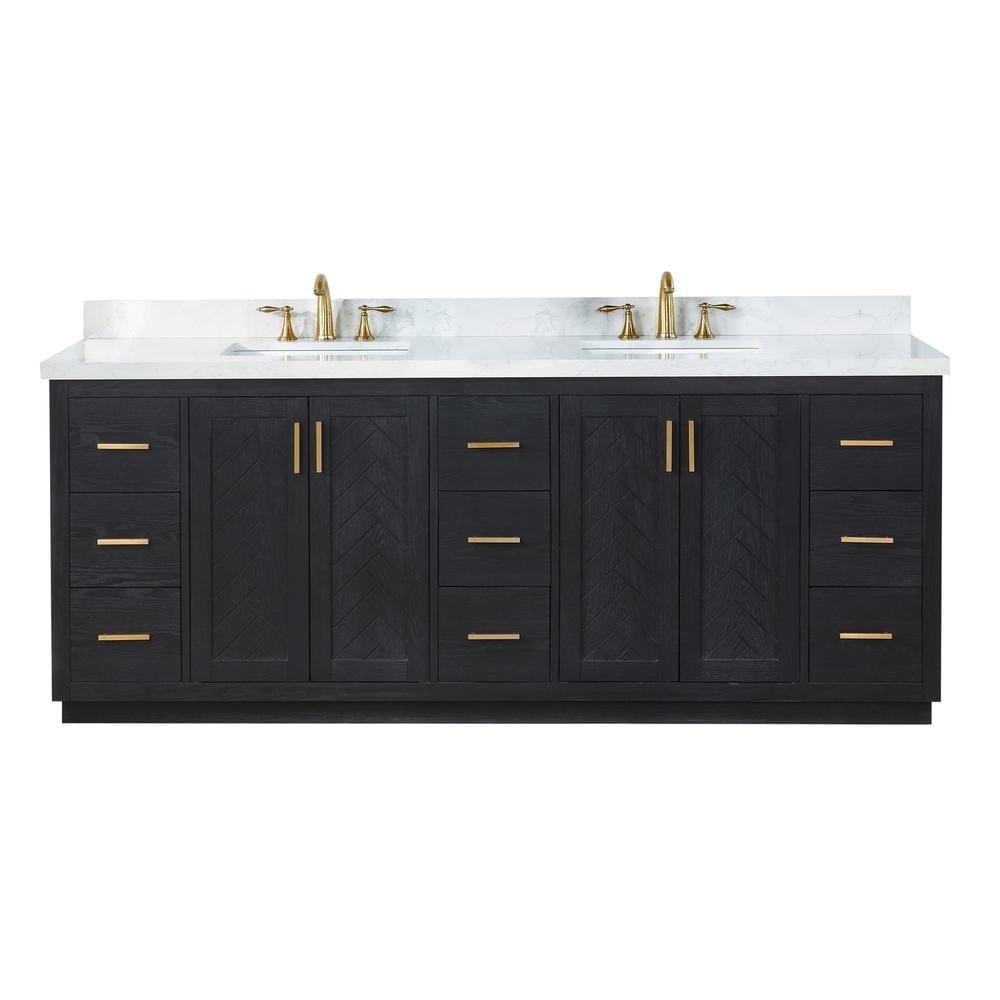 Gazsi 84" Wood Vanity in Black Oak with Composite Stone Top without Mirror