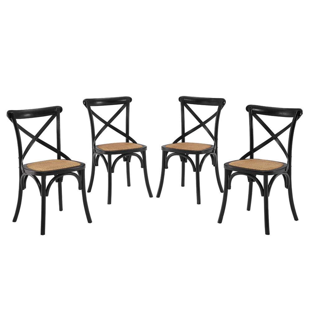 Modway Gear 18.5" Elm Wood and Rattan Dining Side Chair in Black (Set of 4)