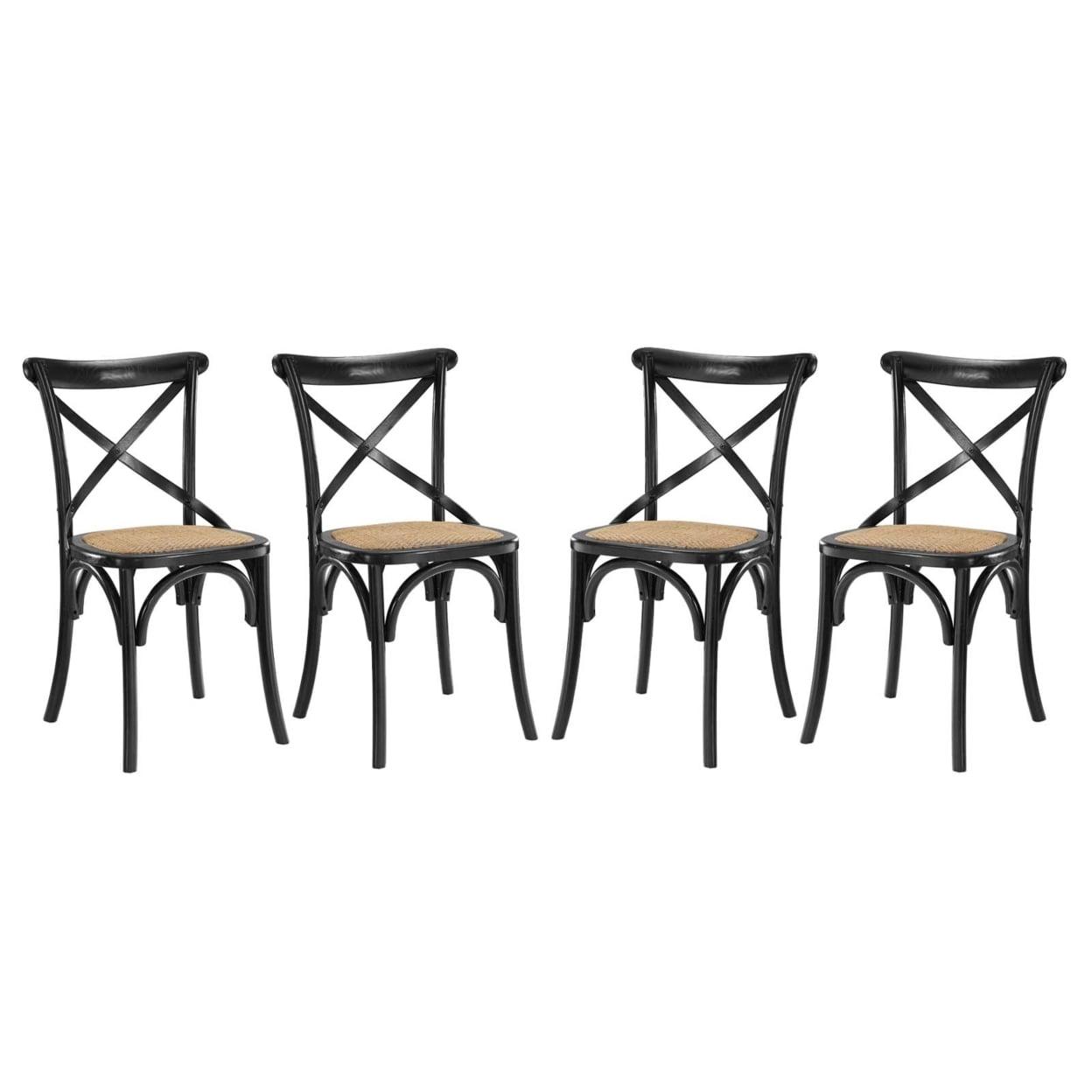 Modway Gear 18.5" Elm Wood and Rattan Dining Side Chair in Black (Set of 4)