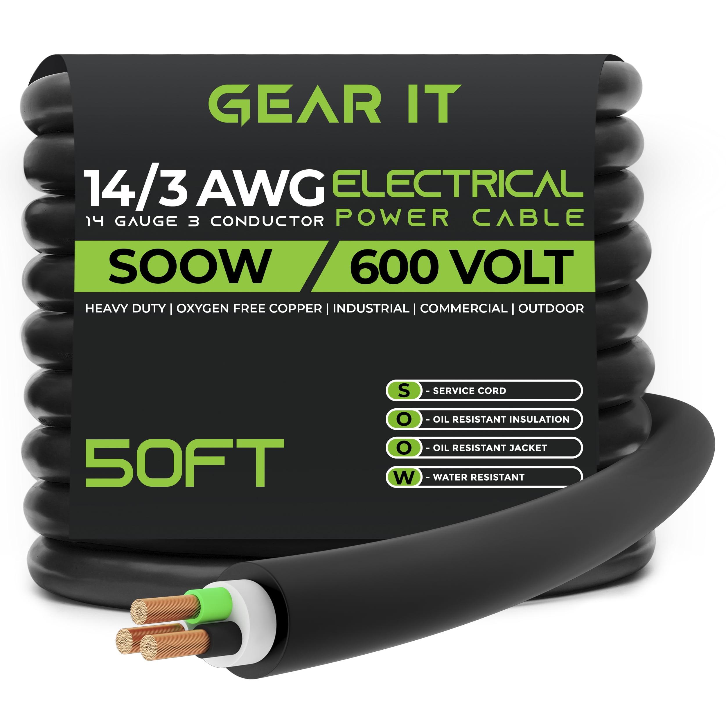 GearIT 14/3 14 AWG Portable Power Cable (50 Feet - 3 Conductor) SOOW 600V 14 Gauge Electric Wire for Motor Leads, Portable lights, Battery Chargers, Stage Lights and Machinery -50ft Electrical Cord
