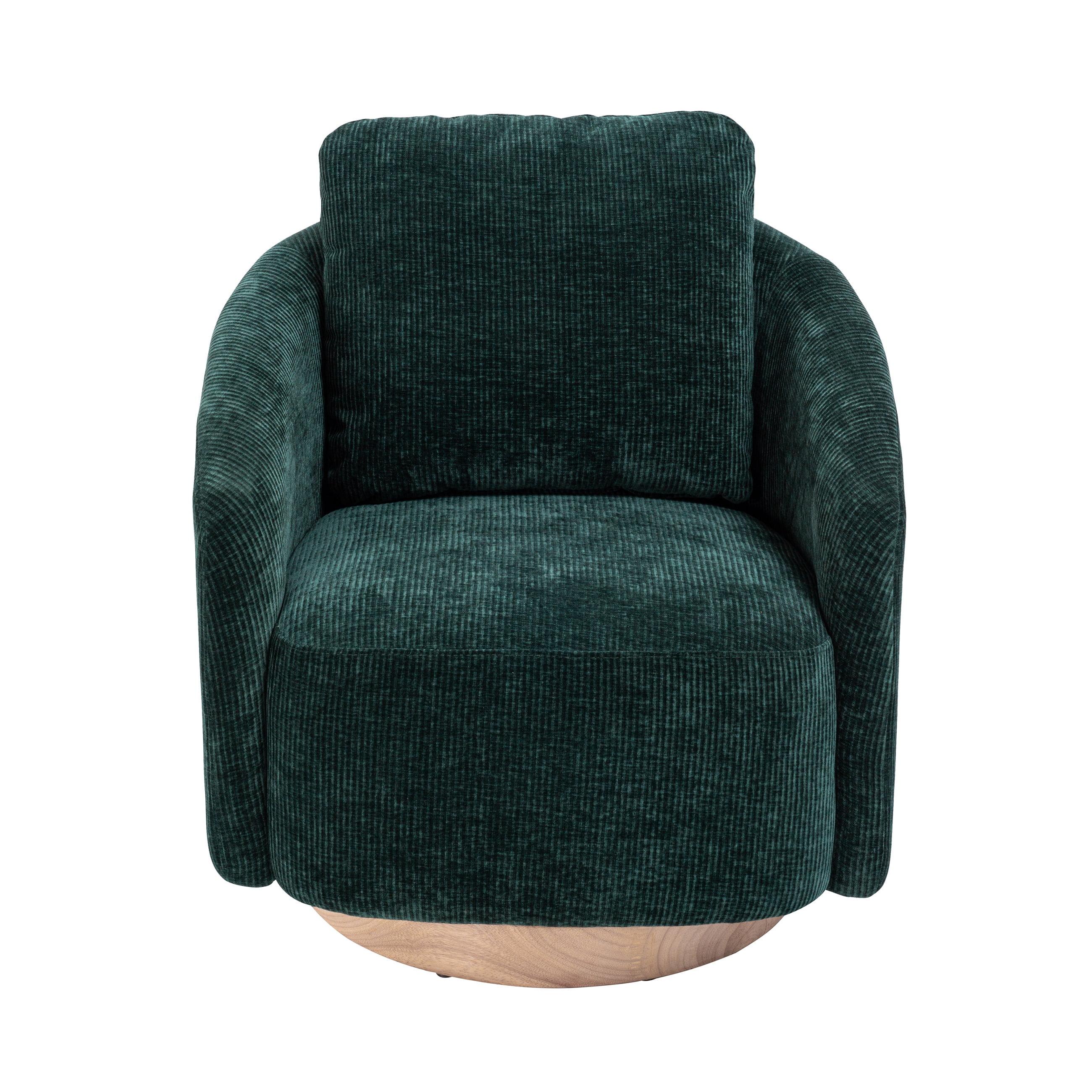 Green Chenille Barrel Swivel Chair with Wood Base