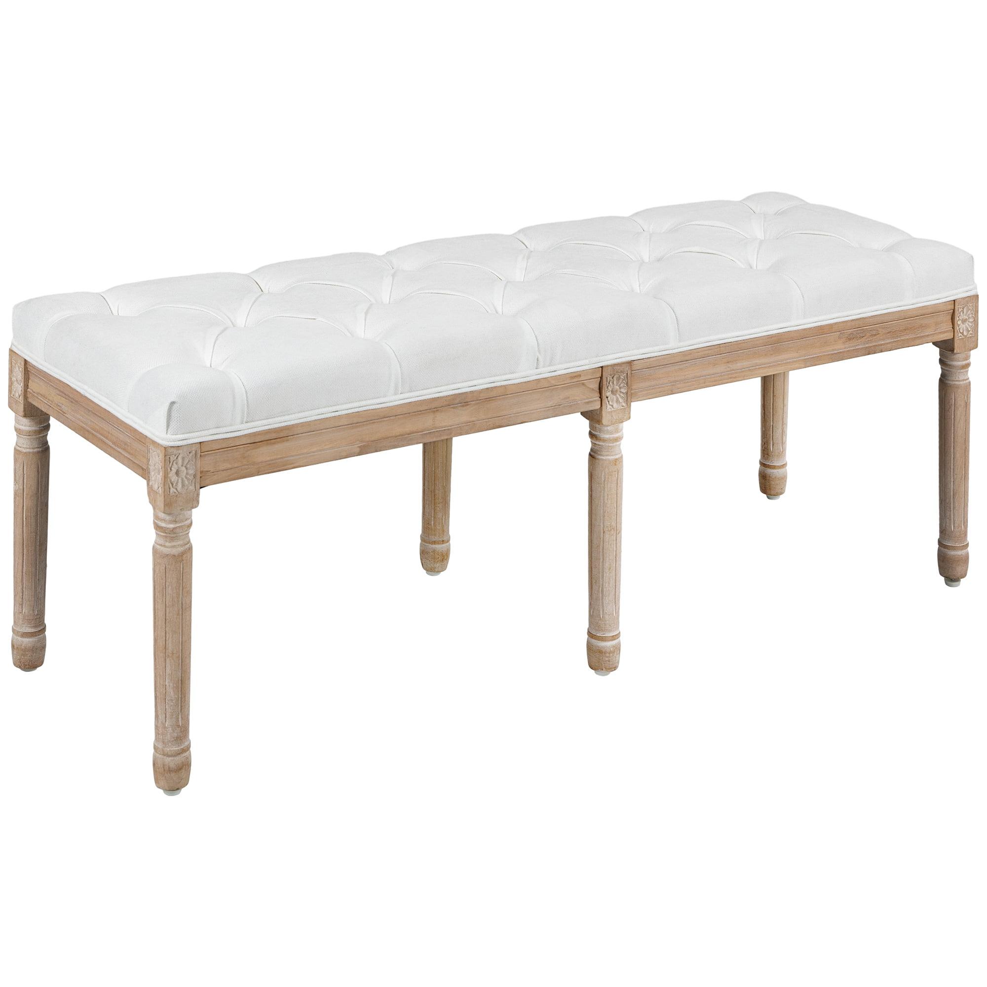 HOMCOM French Vintage End of Bed Bench, Linen Upholstered Bench with Thick Padded Seat and Wood Legs, Tufted Bedroom Bench