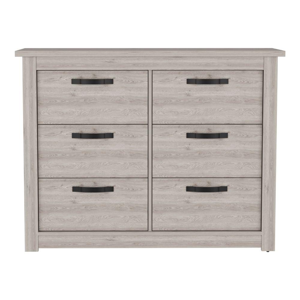 Light Gray Double Dresser with Six Drawers and Metal Hardware