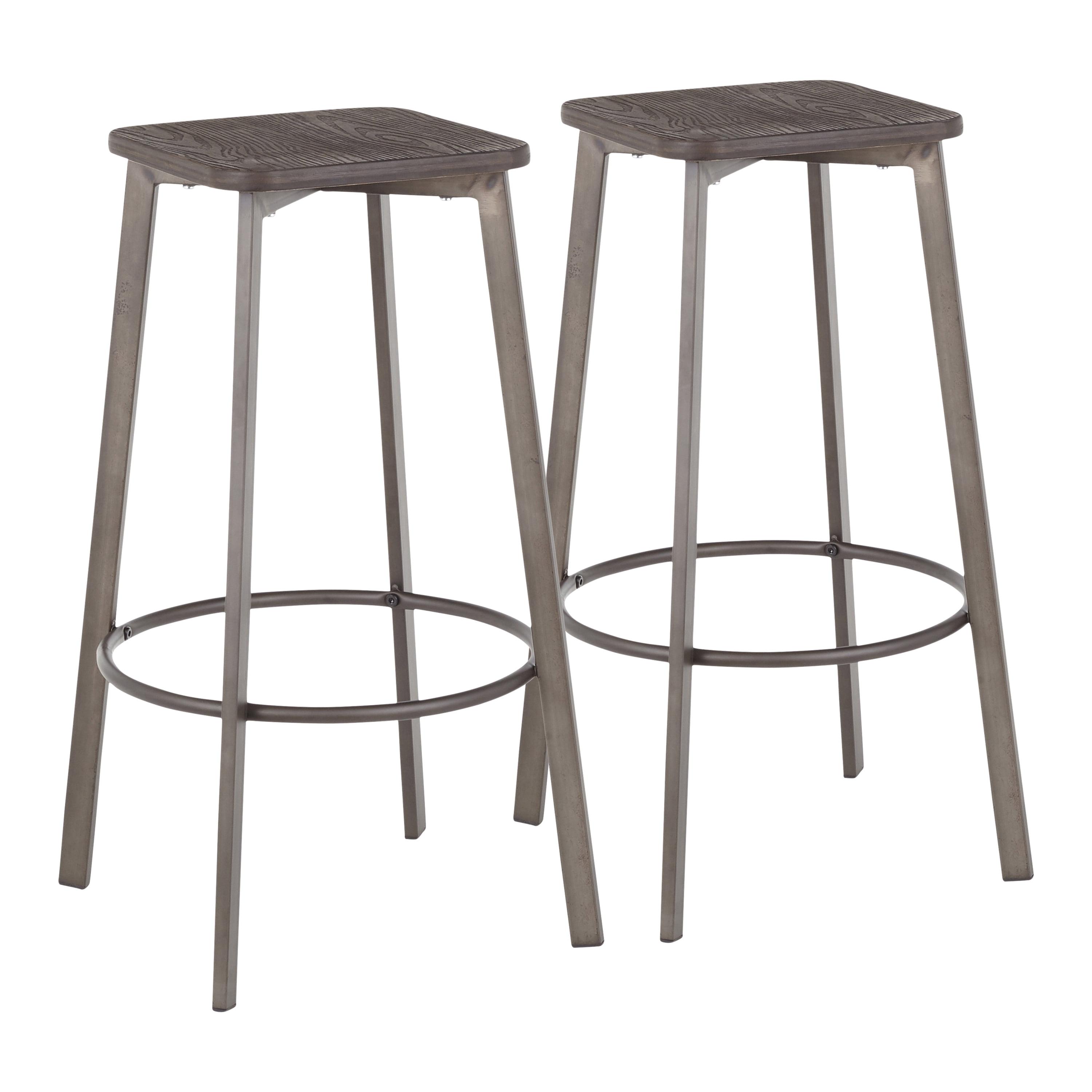 Clara Industrial Square Barstool In Antique Metal And Espresso Wood-Pressed Grain Bamboo By Lumisource - Set Of 2