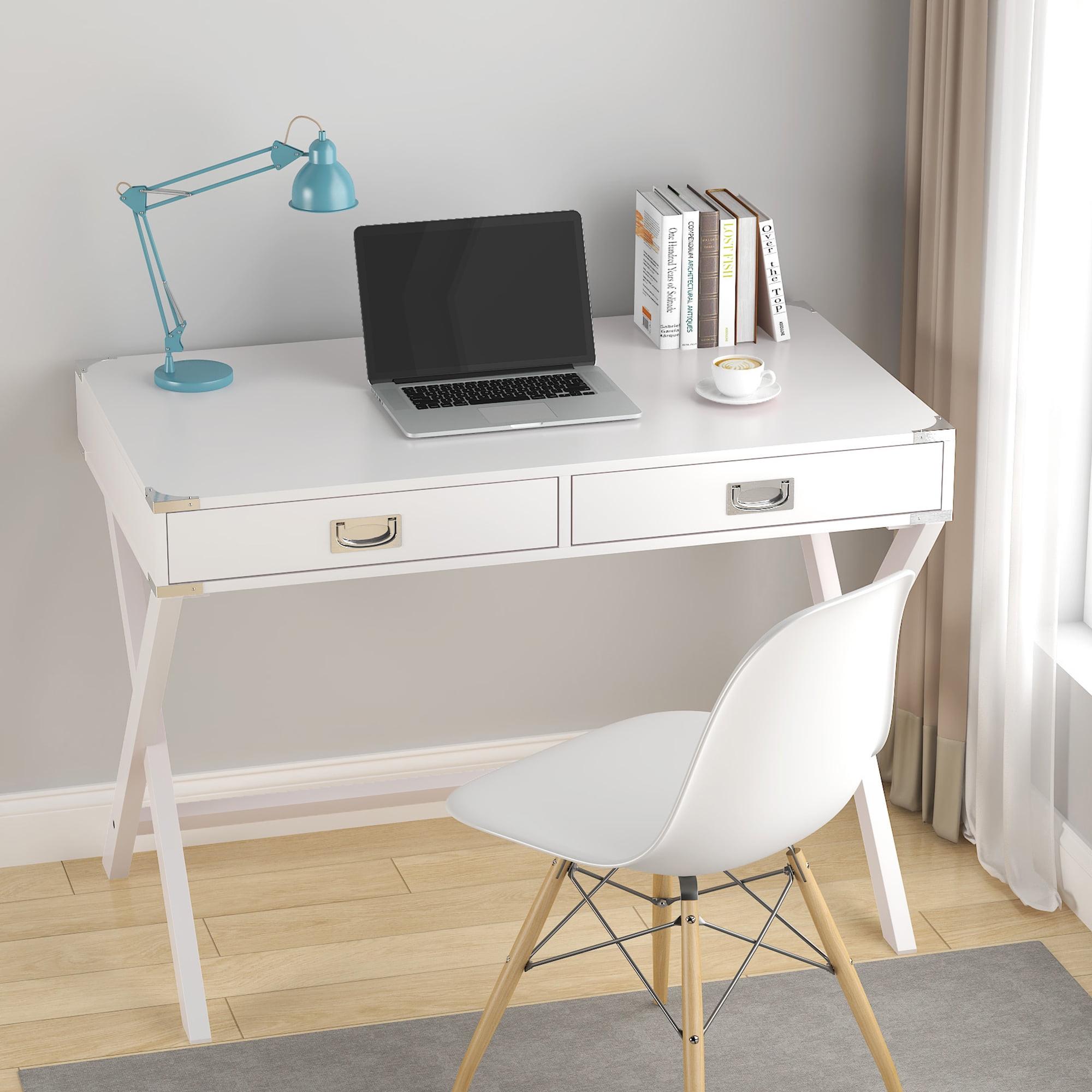 White Solid Wood and MDF Desk with Drawers