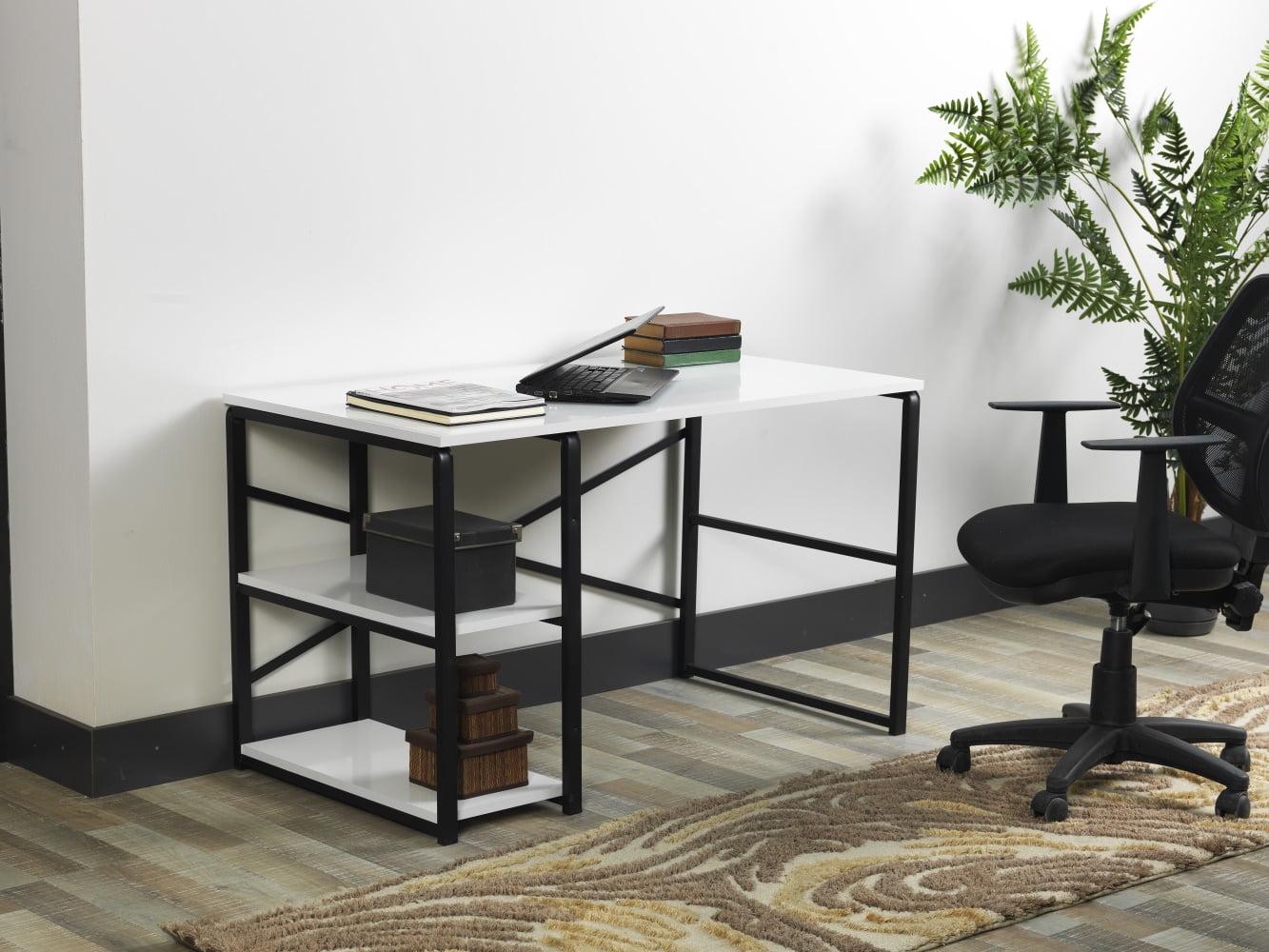 White Wood and Black Metal Frame Writing Desk with Shelves