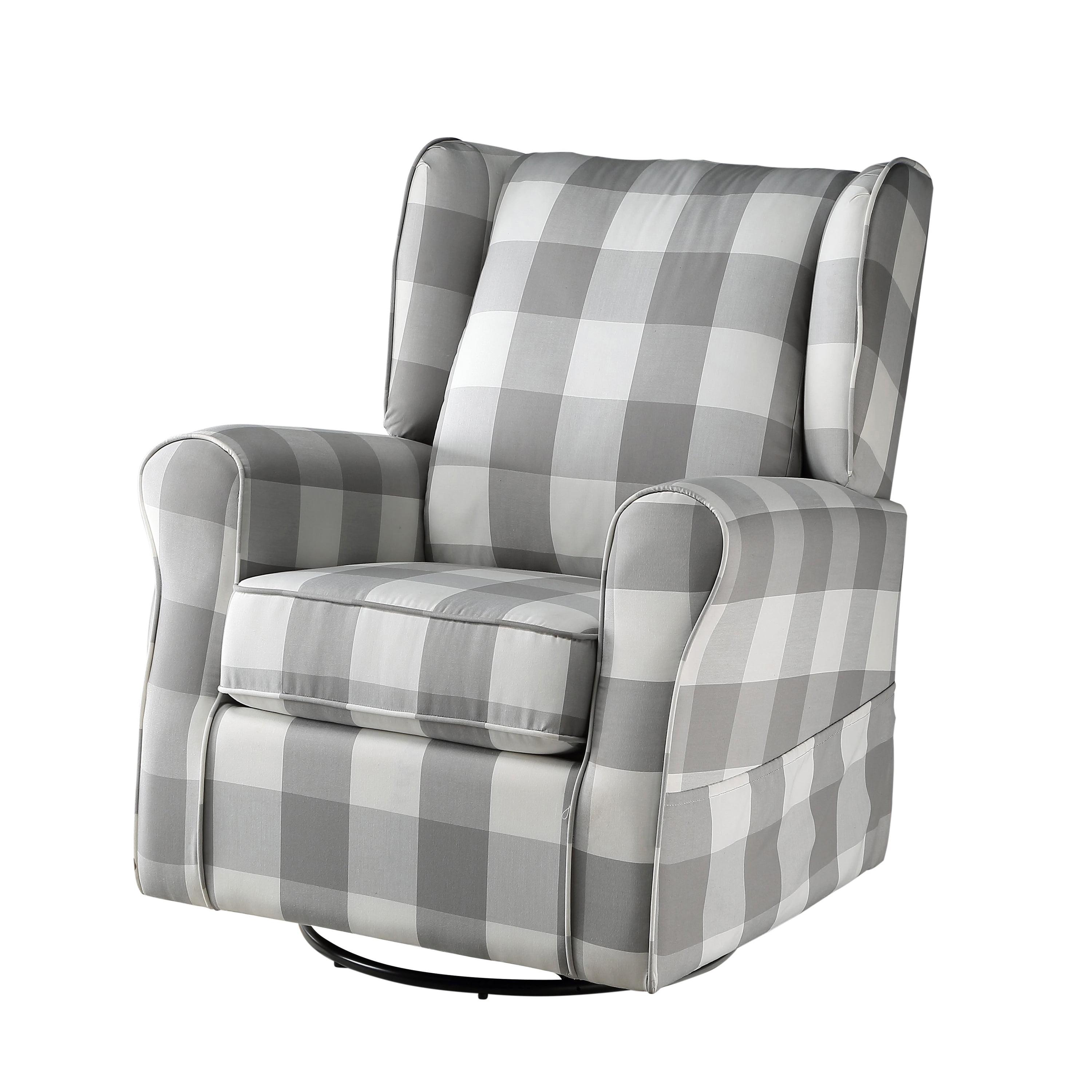 Gray Plaid Swivel Accent Chair with Wood Frame