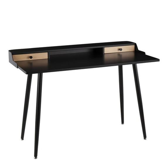 Harvey Contemporary Computer Desk Steel/Wood Black - LumiSource: Mid-Century Office Furniture, 2 Drawers, Open Shelf Storage