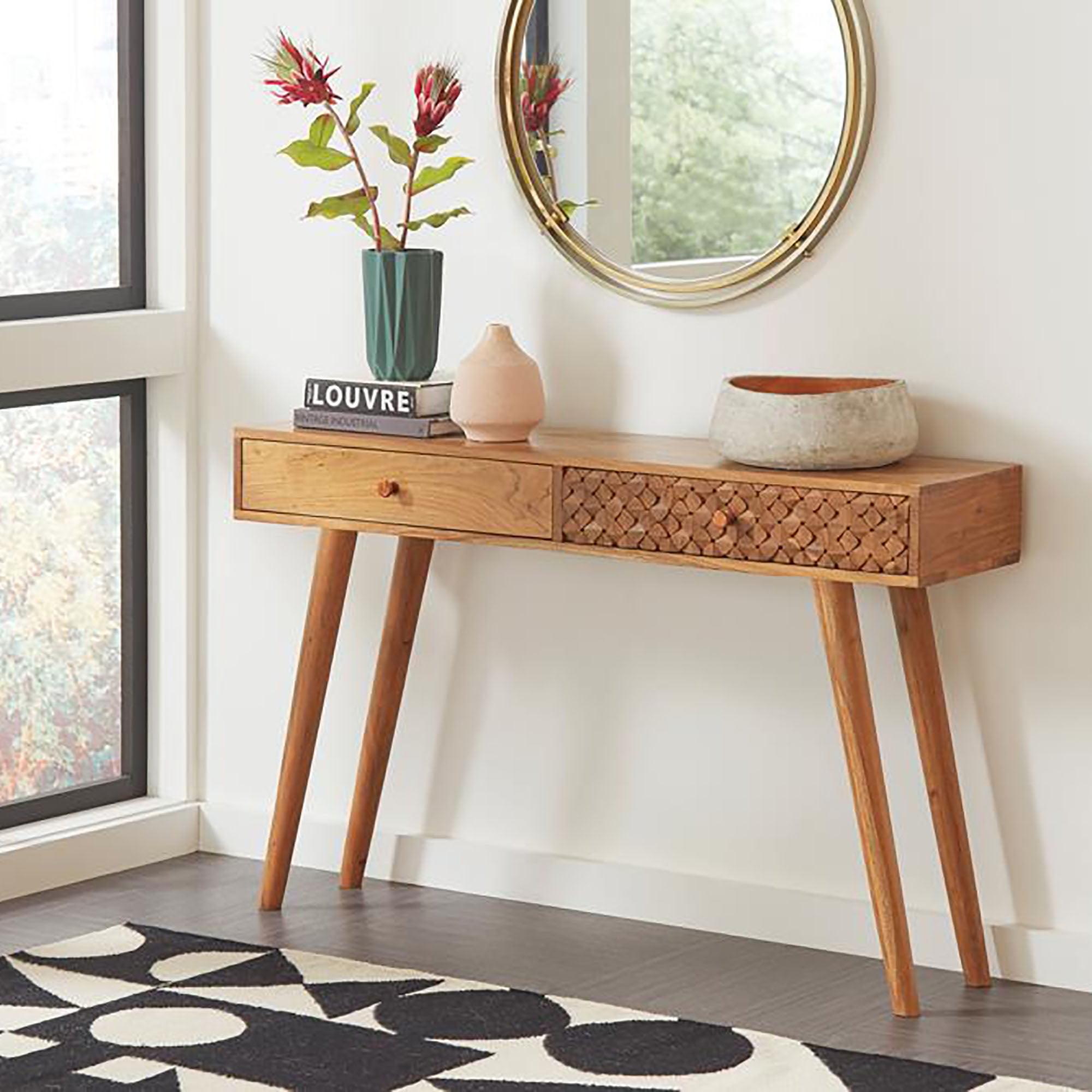 Natural Brown Acacia Wood Rectangular Console Table with Storage