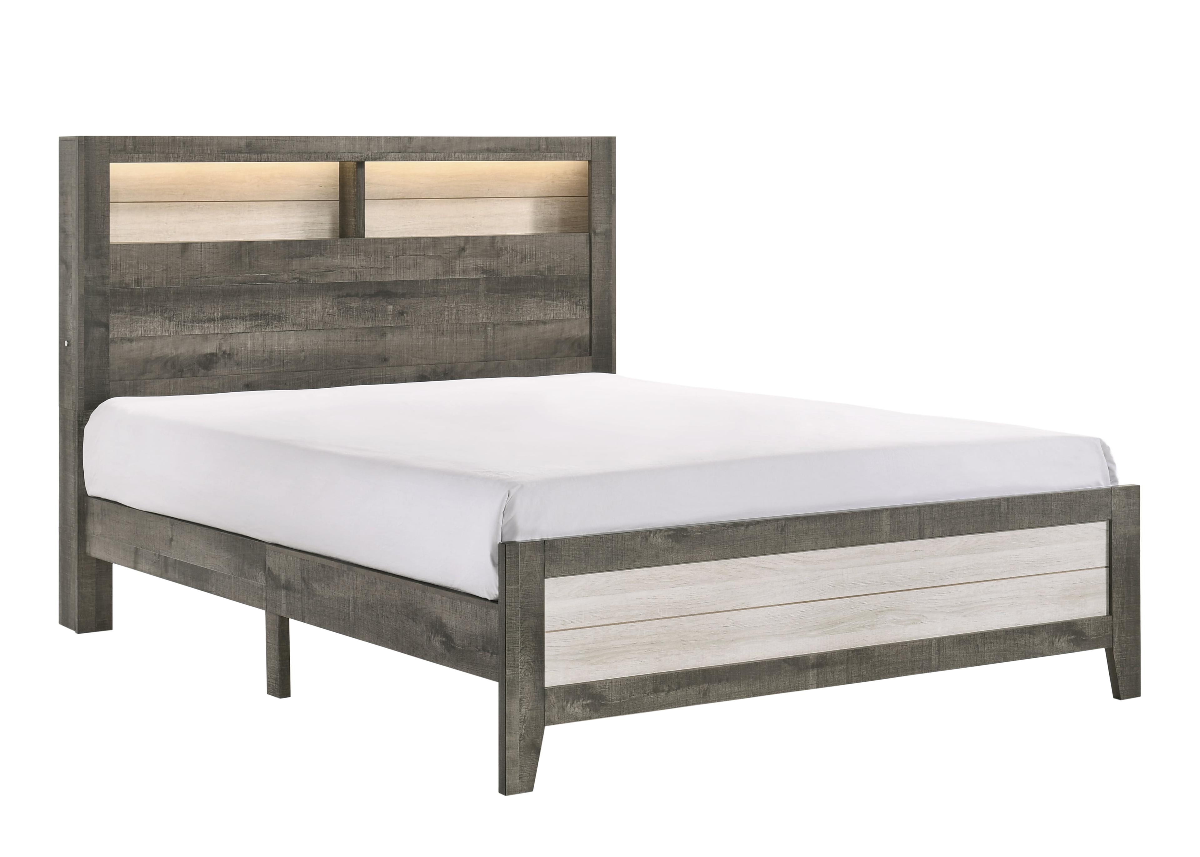 White and Gray Queen Wood Frame Bed with Headboard and Drawer