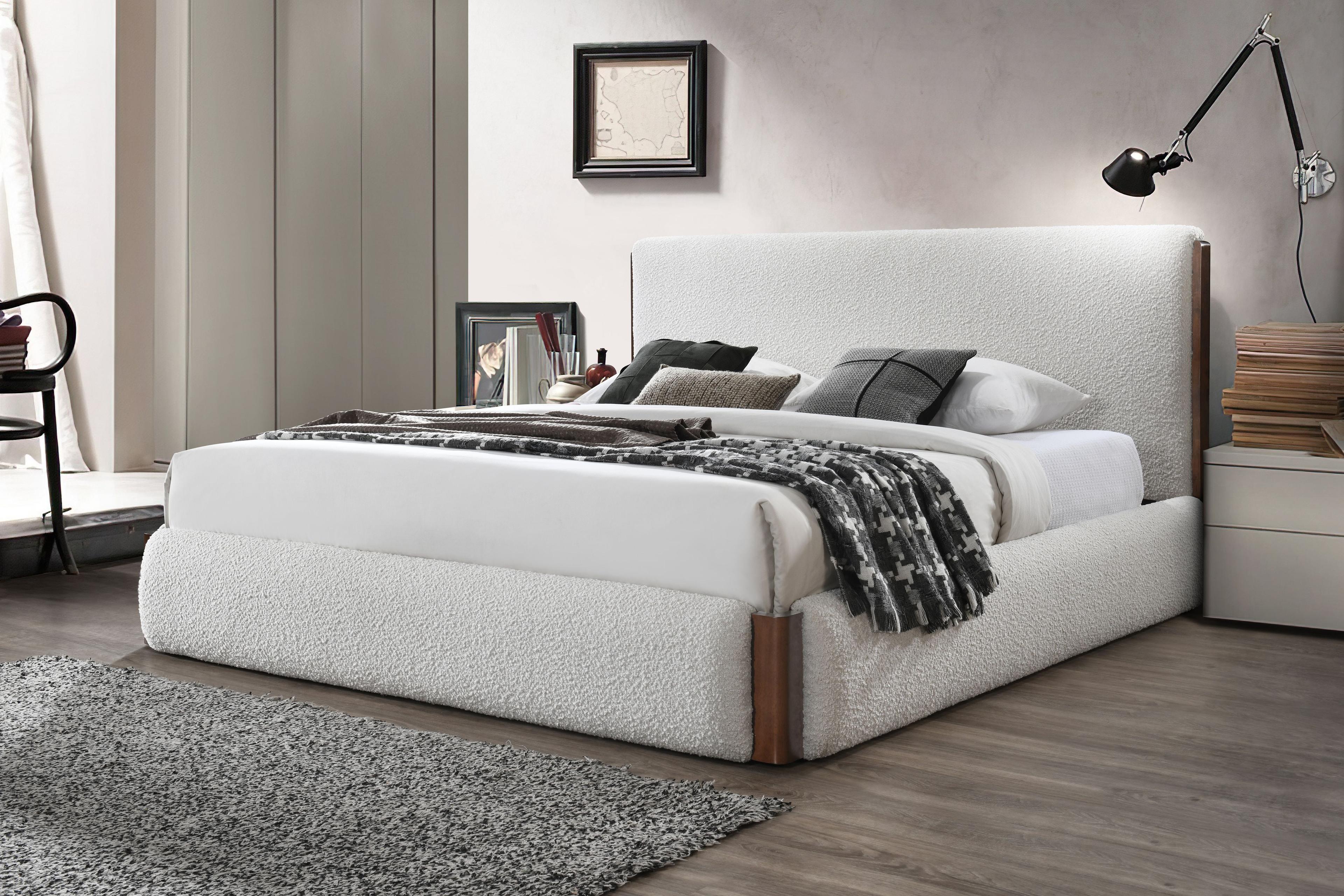 88.98" Queen Bed Sandro Bed White Boucle & Walnut Finish - Acme Furniture: Linen Upholstery, Chrome Frame, No Tools Assembly