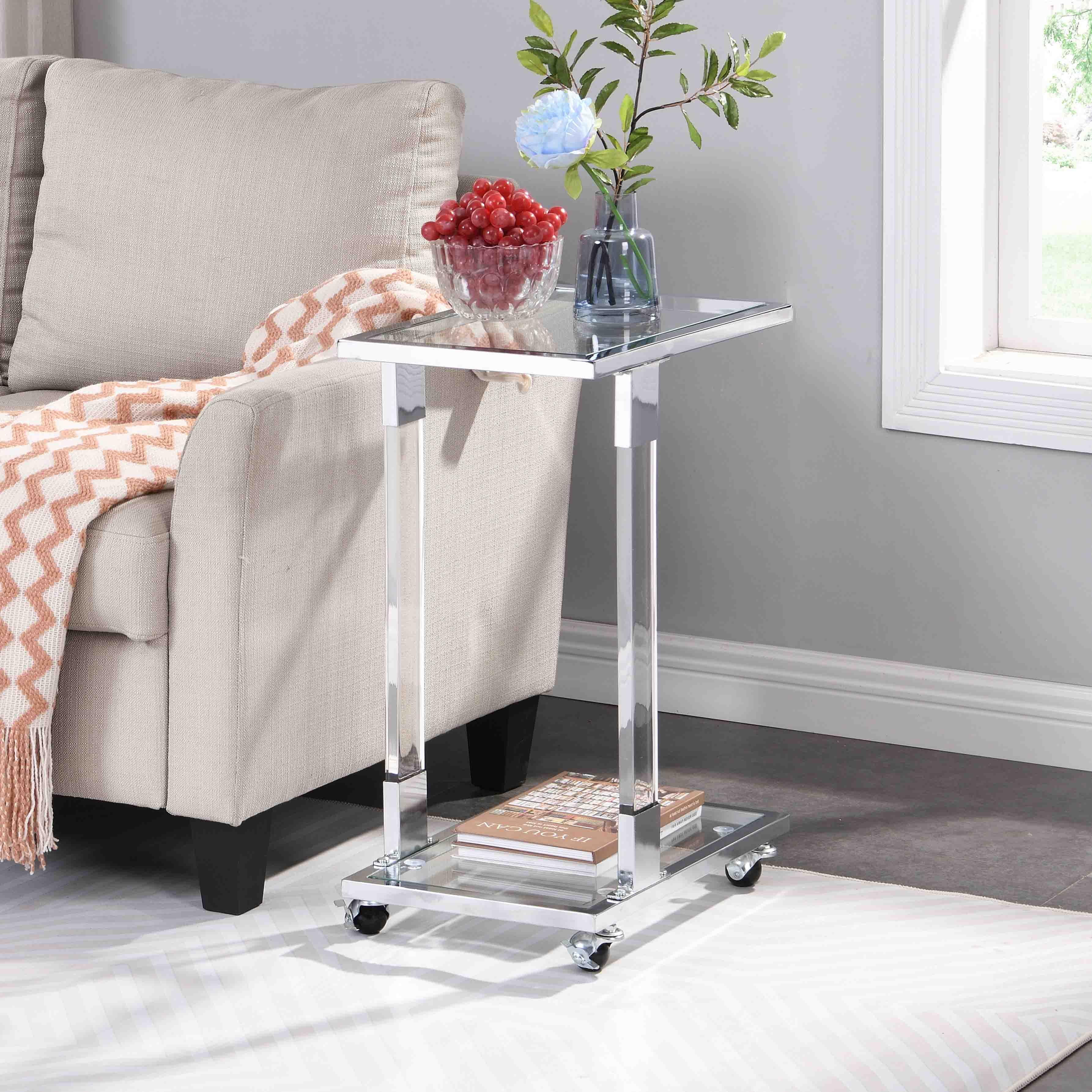 Silver Glass End Table C Shaped Chrome Side Tables with Movable Wheels Table Couch C Table Slide Under Sofa for Bedroom Living Room Furniture