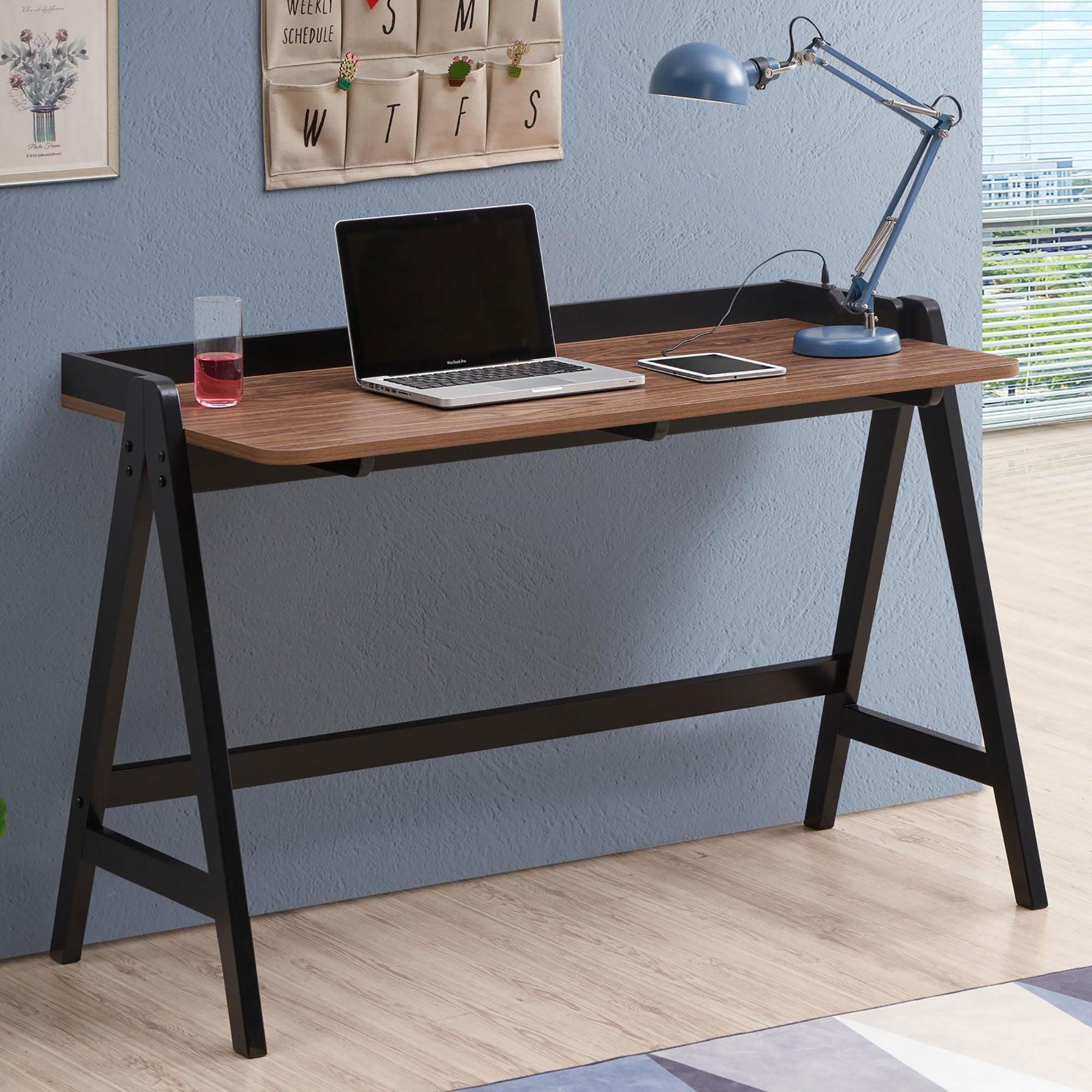 Walnut and Black A-Frame Writing Desk with USB Ports