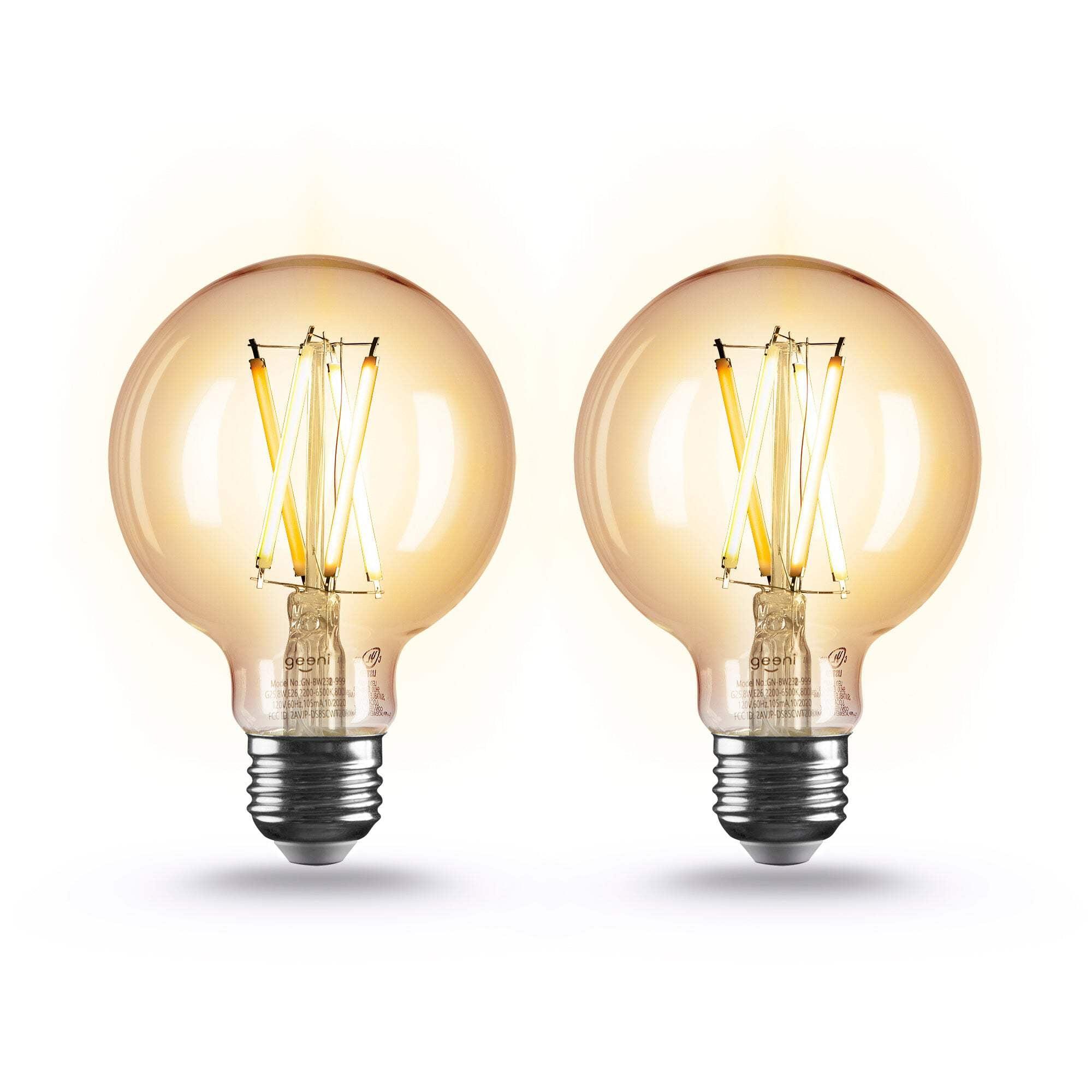 Geeni LUX Amber G25/E26 Edison WiFi LED Smart Bulb, Dimmable, Tunable White Light, 2-Pack