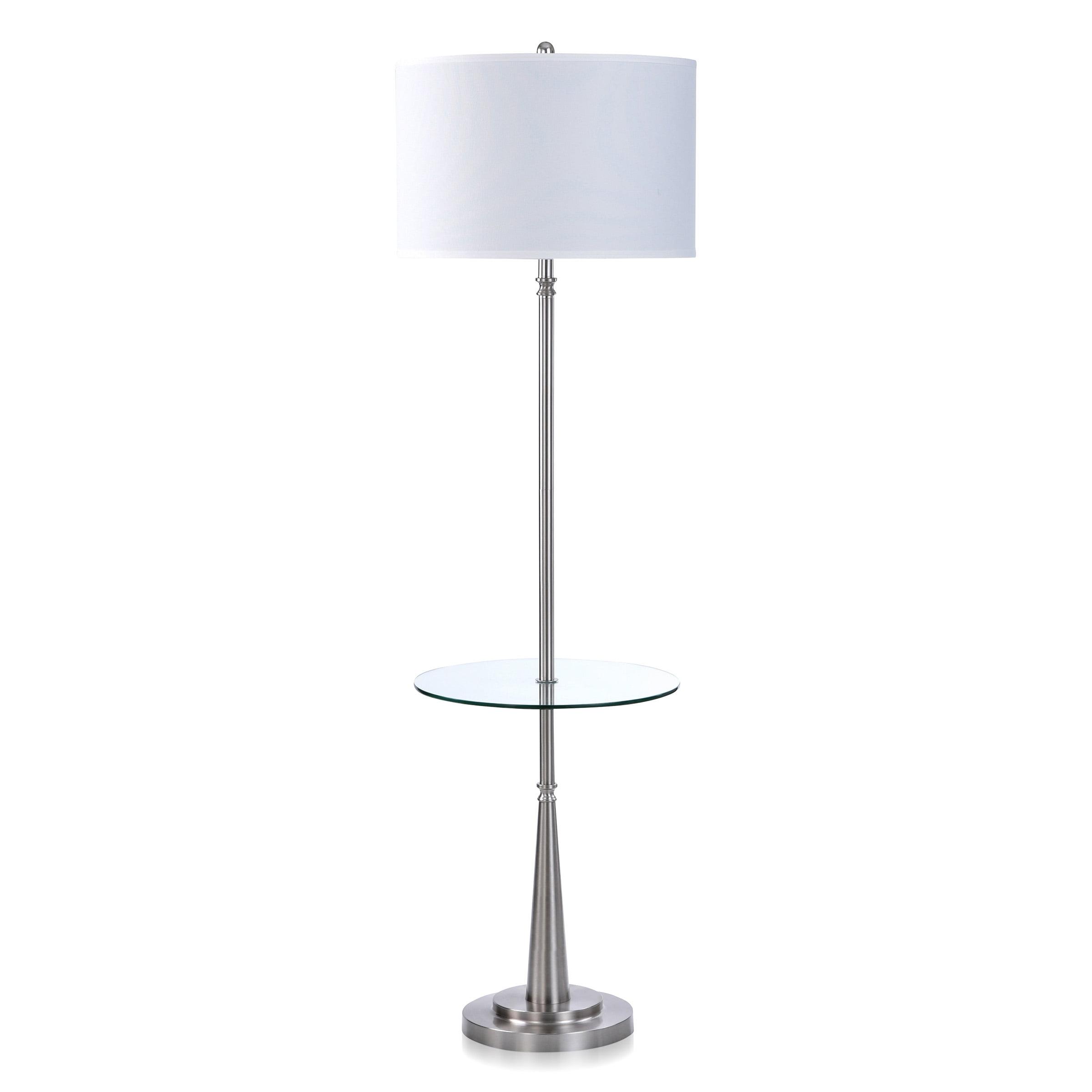 Gemma Brushed Steel 63" Floor Lamp with Clear Glass Table and Off-White Shade