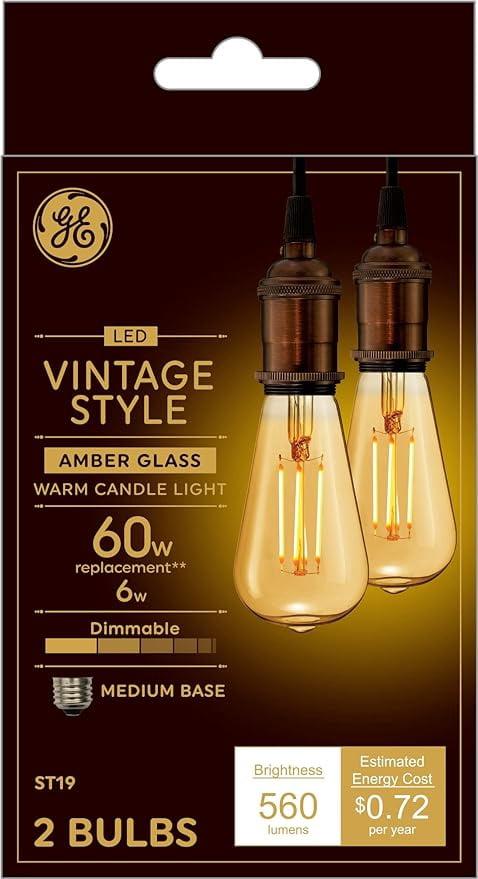 GE 2pk 60W Vintage Style ST19 LED Edison Light Bulbs Amber Glass: E26 Base, Dimmable, Warm Light, Antique Style