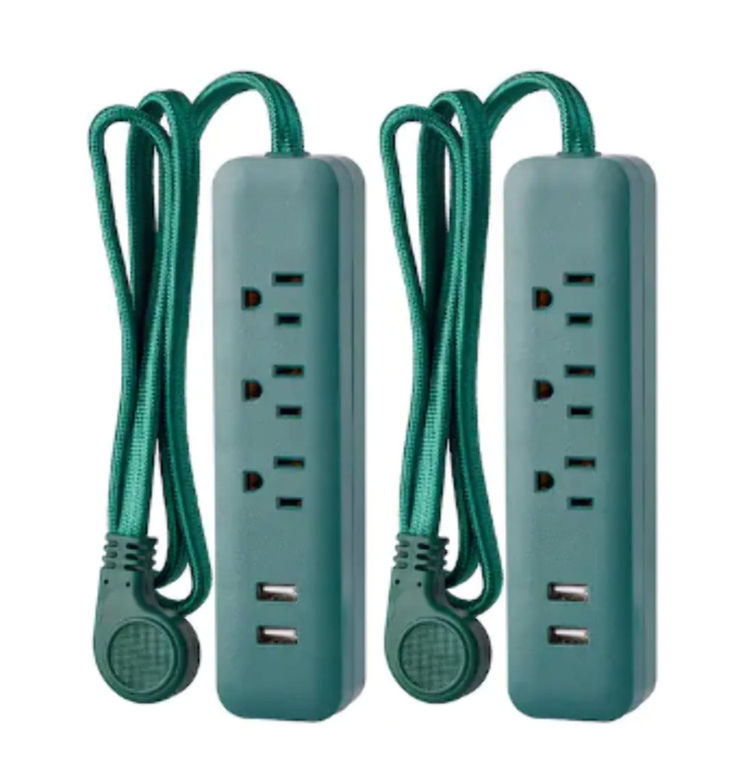 Green 3-Outlet 2-USB Surge Protector with Fabric Cord, 2-Pack