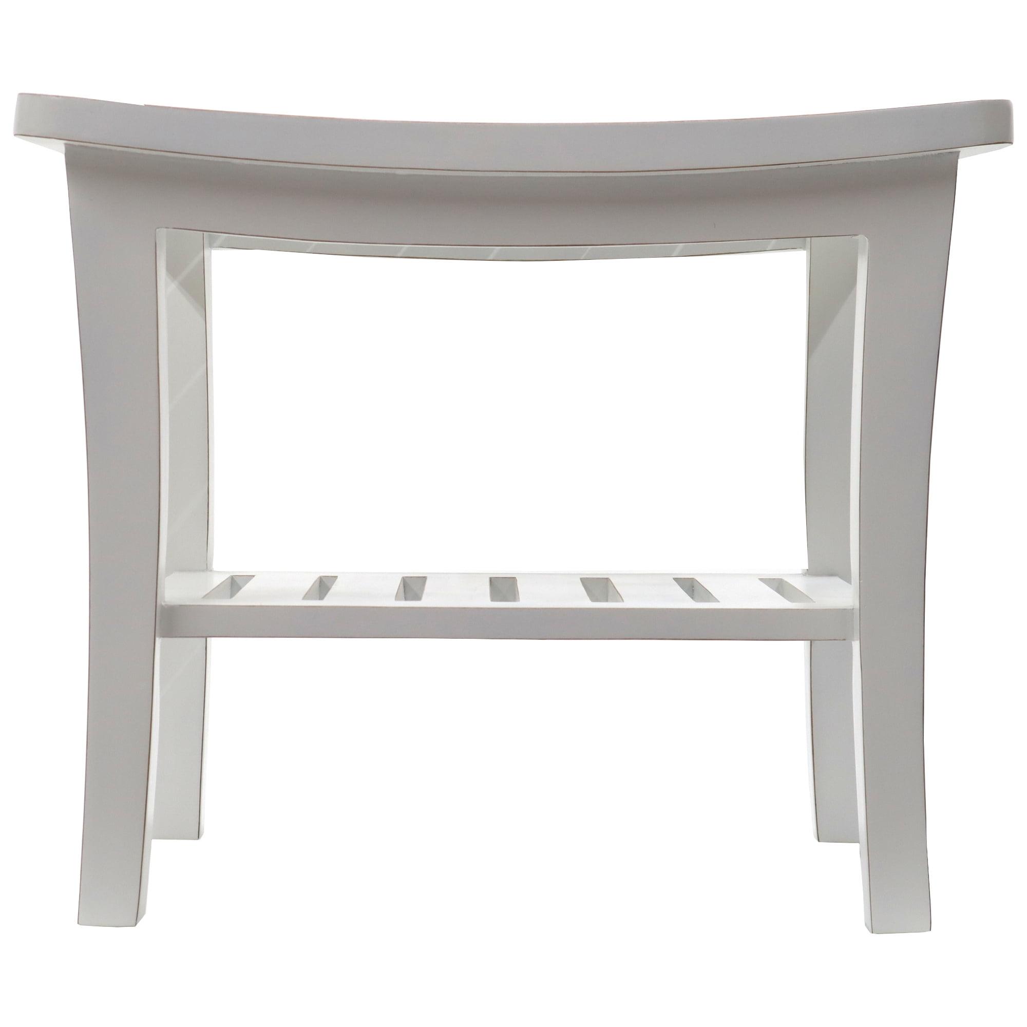 White Distressed Teak Spa Bench with Shelf