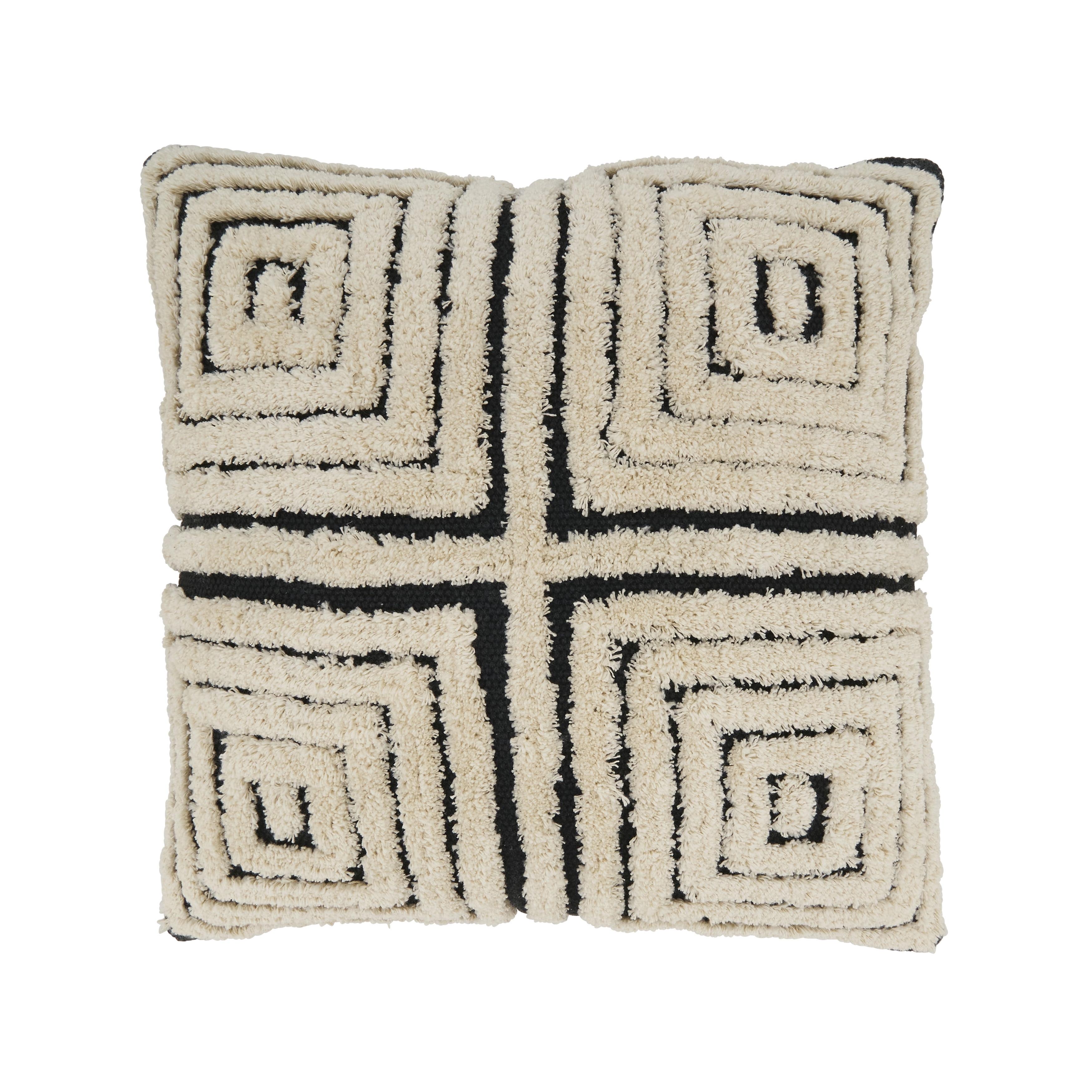 Geometric Bliss 20" Black and Natural Cotton Tufted Throw Pillow