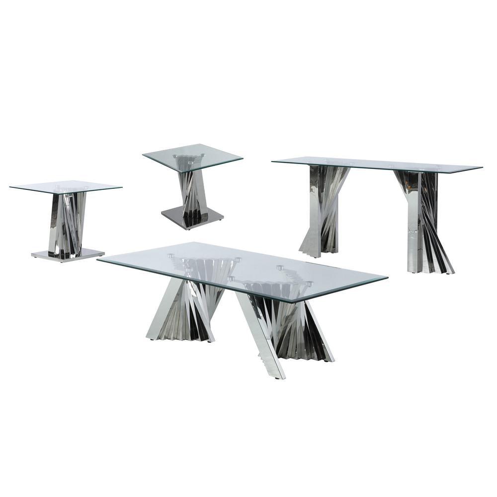 Silver Stainless Steel and Clear Glass 4-Piece Living Room Table Set