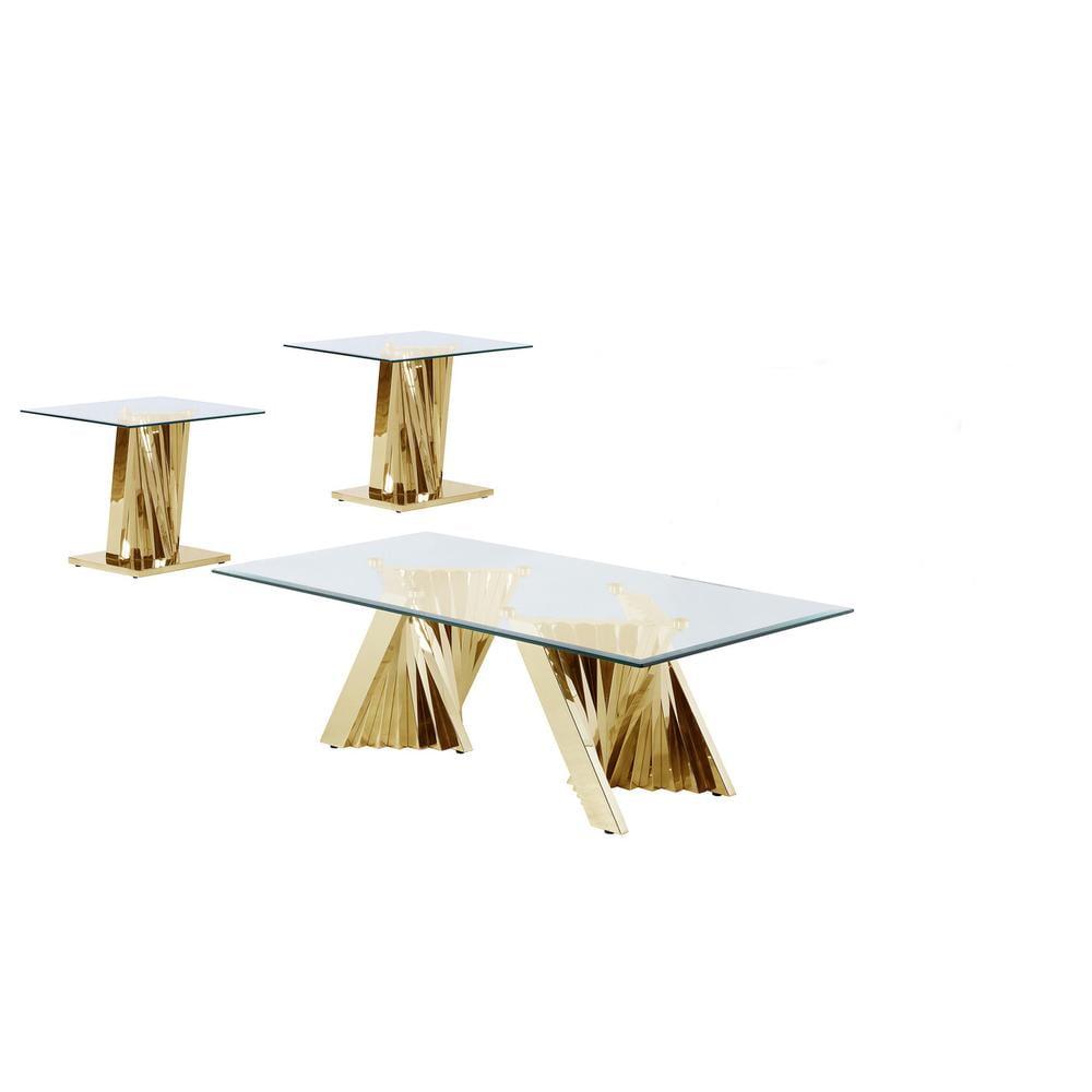 Geometric Clear Glass Coffee + 2 End Table Set with Gold Stainless Steel