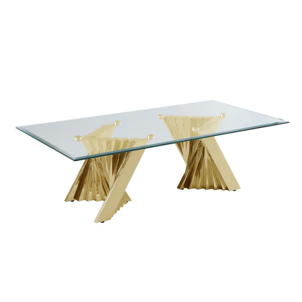 Elegant Double Pedestal Gold Stainless Steel and Glass Coffee Table