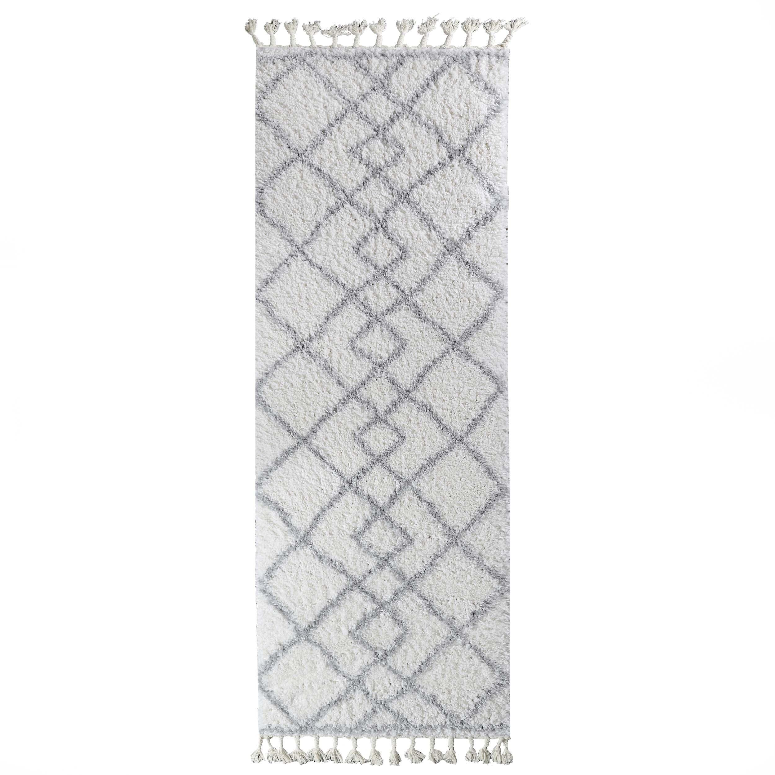 Plush Grey-Cream Diamond Shag Runner Rug with Tassels, 2' 6" x 8'