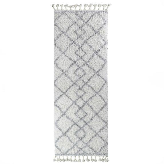 Geometric Diamonds Boho Shag Indoor Tassel Runner Rug, Grey/Cream, 2' 7" x 8'