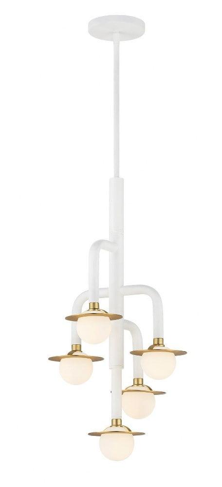 Tubular Matte White and Honey Gold LED Pendant with Etched Opal Glass