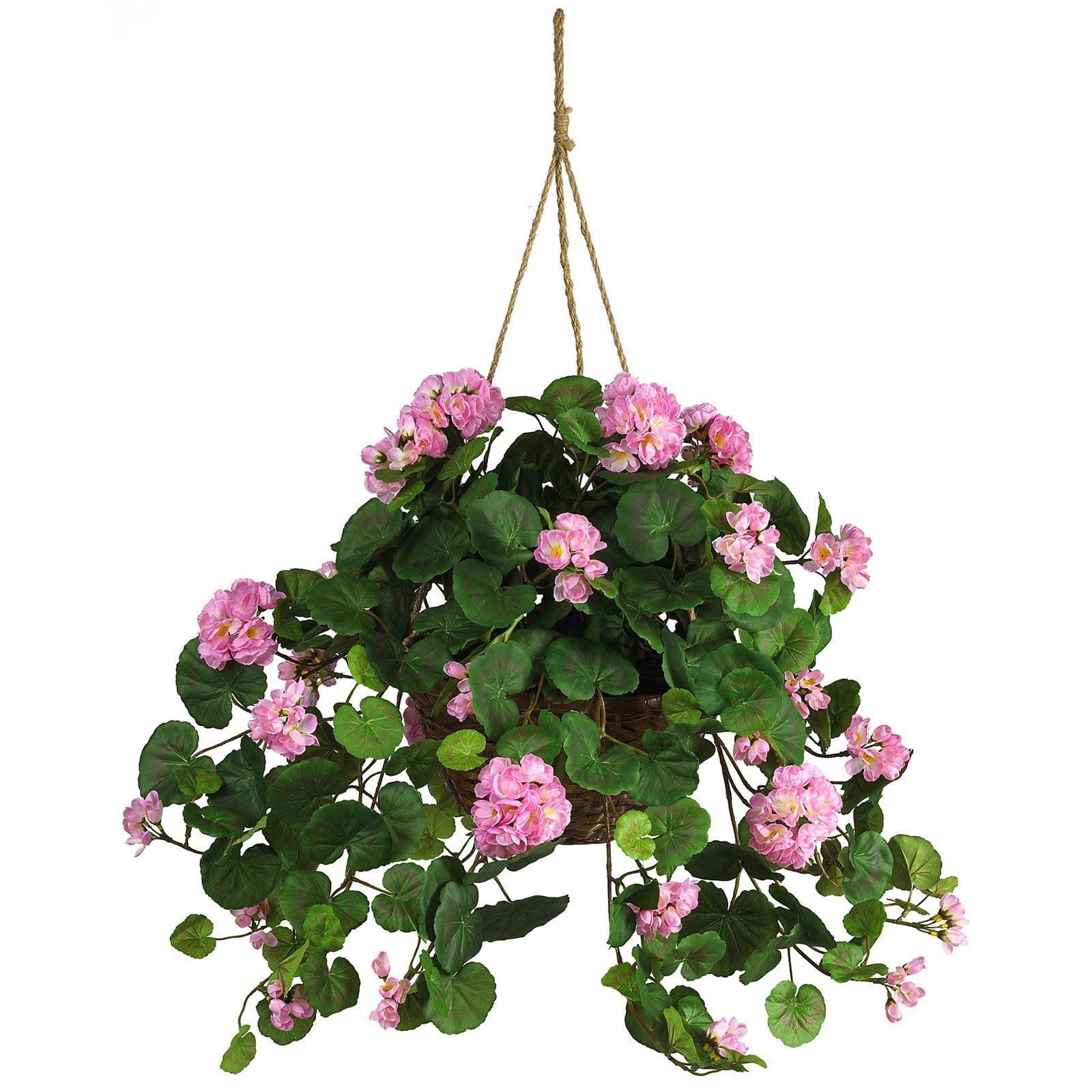 Nearly Natural 24in. Geranium Hanging Basket Silk Plant, Pink