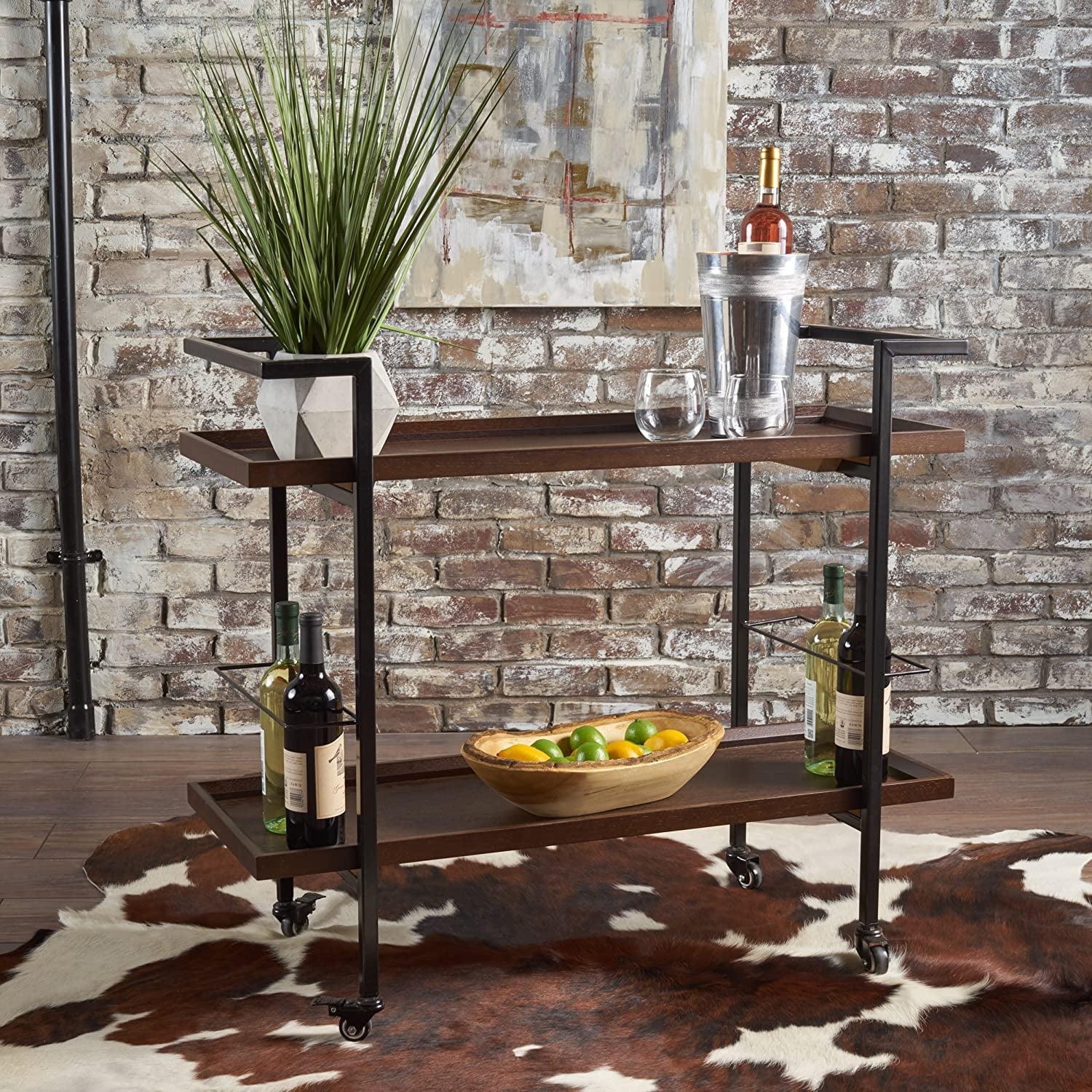 Rahiem Industrial Iron Bar Cart, Dark Walnut Finished