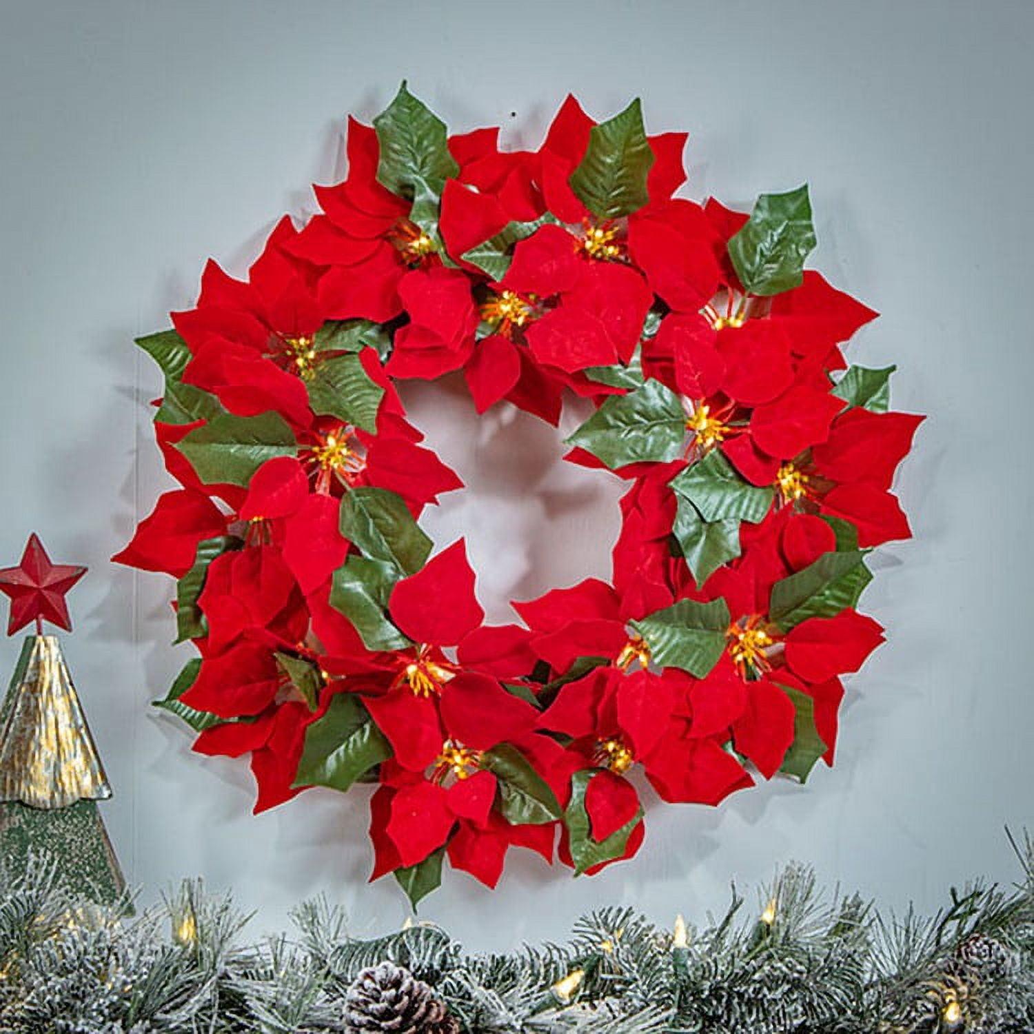 Gerson 24-Inch Diameter Battery Operated Lighted Poinsettia Wreath with 45 Warm White Micro LED Lights
