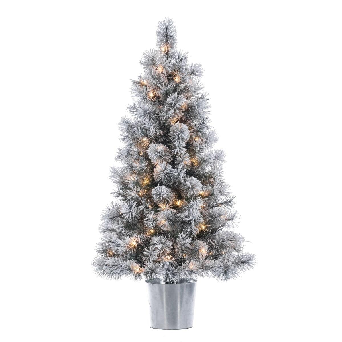 4.5 ft Pre-Lit Flocked Pine Christmas Tree with Silver Pot