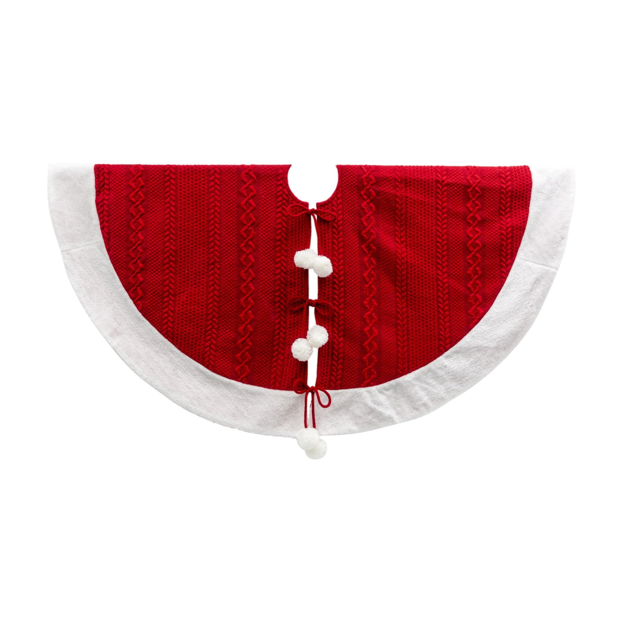 Red Cable Knit Tree Skirt with White Faux Fur Trim