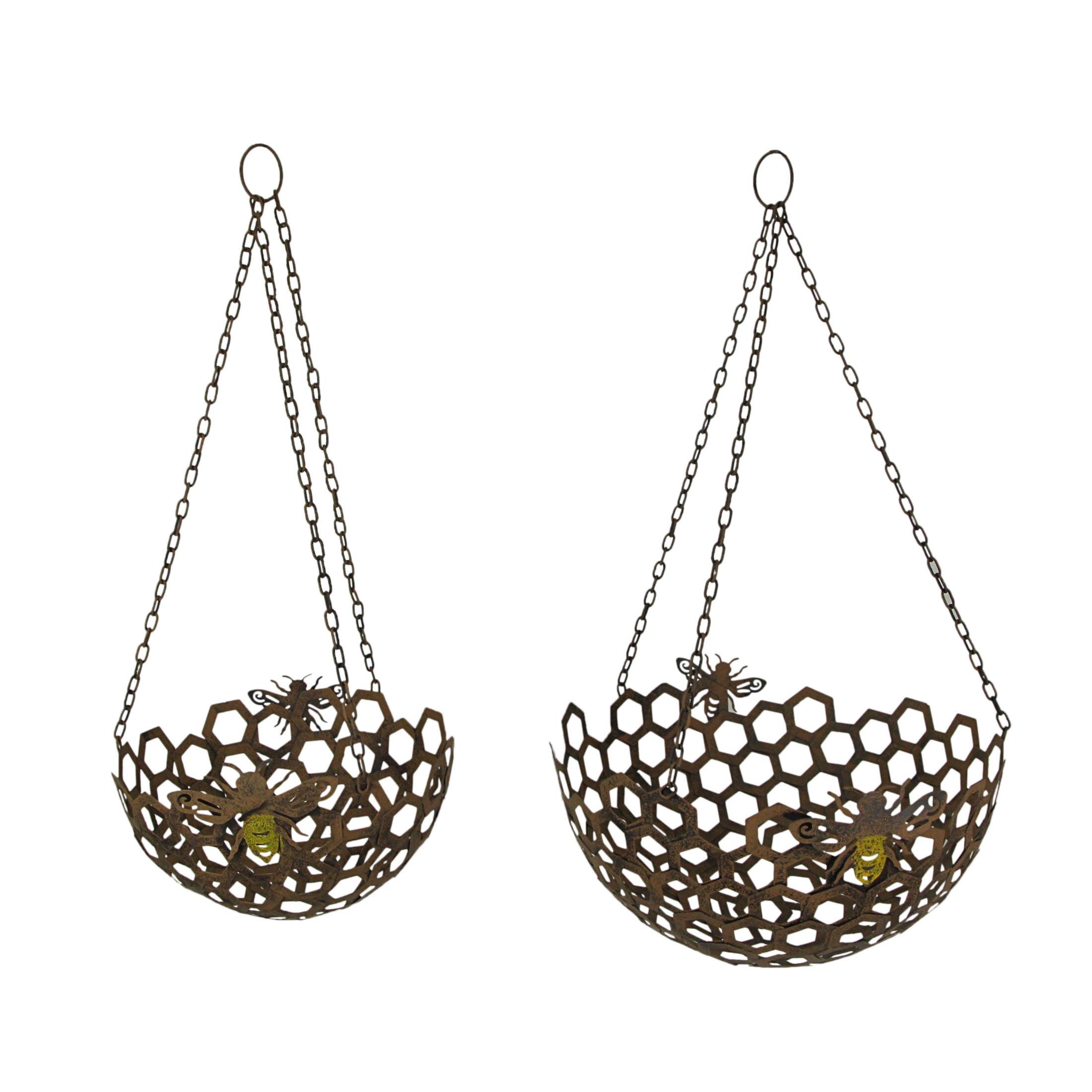 Rustic Brown Metal Honeycomb Bumblebee Hanging Planter Duo