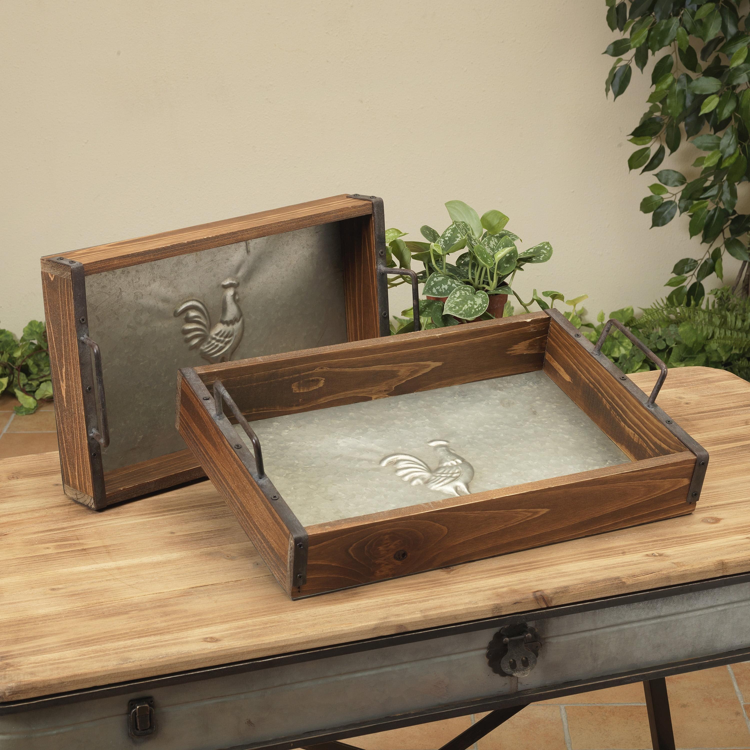 Rustic Farmhouse Set of 2 Metal and Wood Decorative Trays