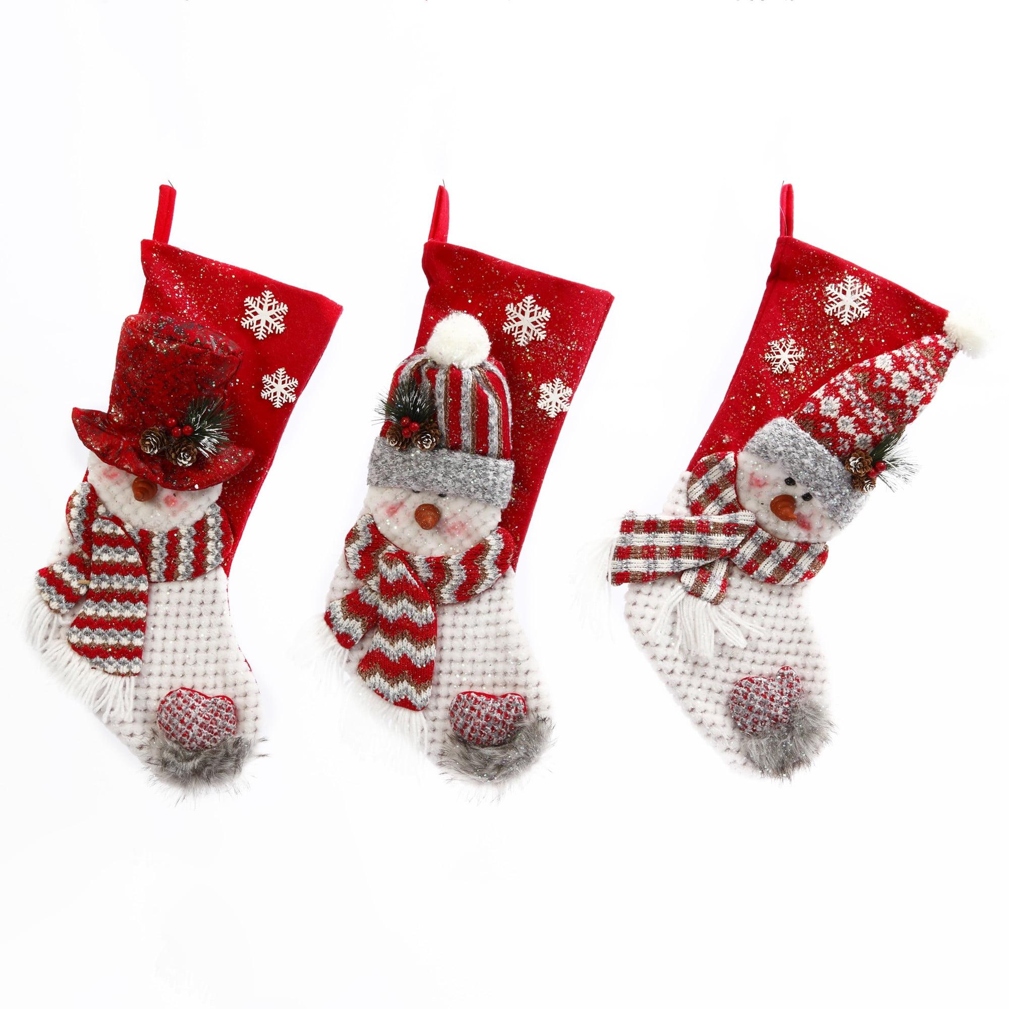 Set of 3 Red and White Plush Snowman Christmas Stockings