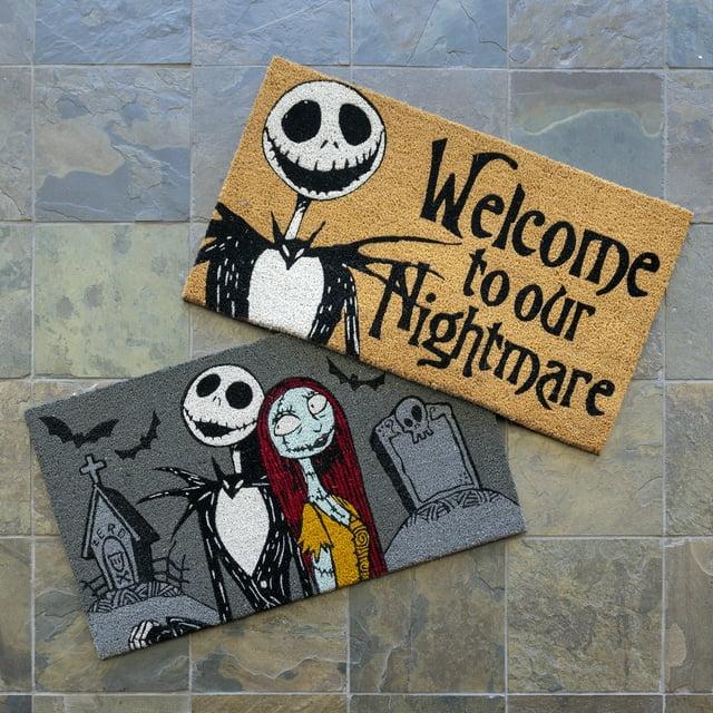 Disney Nightmare Before Christmas Jack Sally Welcome Black White Natural Graphic Non-Slip Indoor/ Outdoor Coir Door Mat 2-Pack, 20x34 (Set of 2)